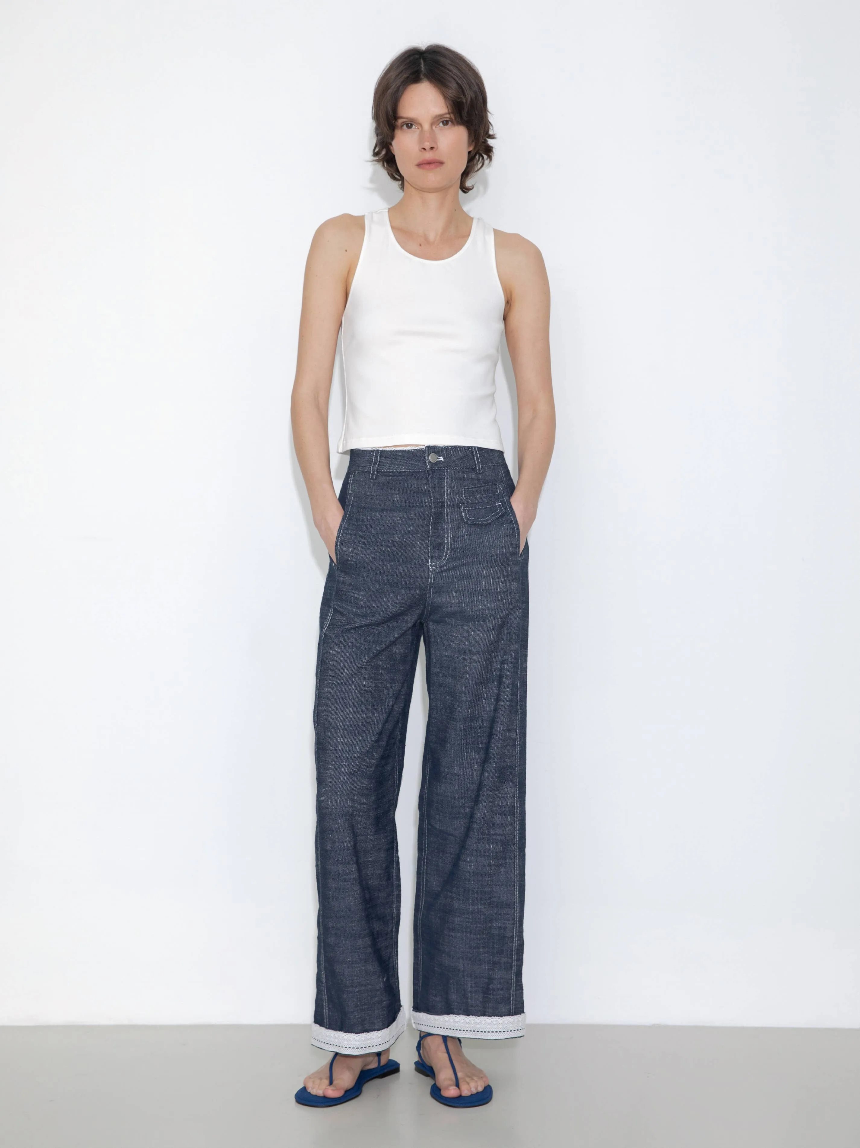 Linen-Cotton Lace Wide-Leg Straight Jeans: Navy / L