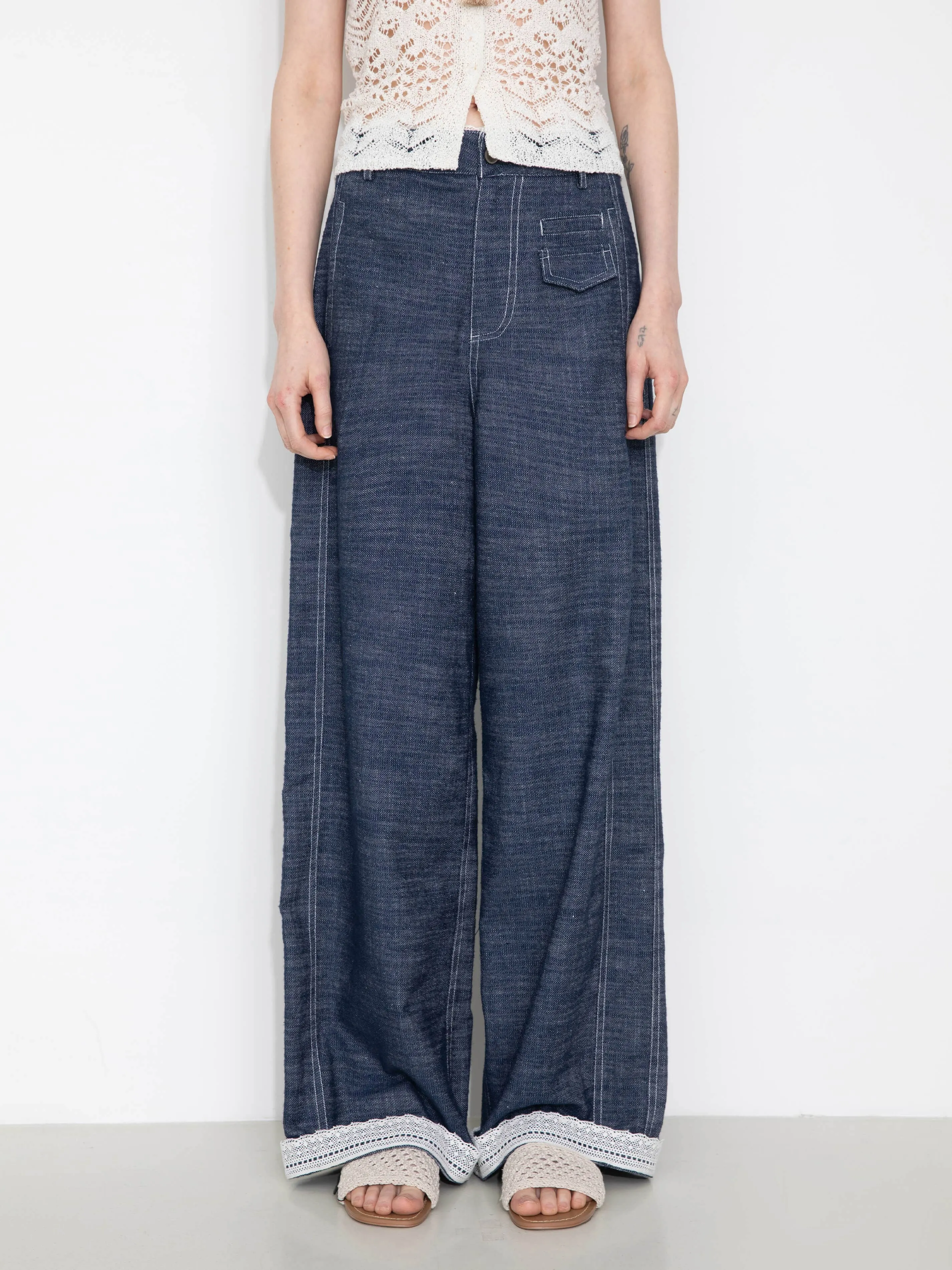 Linen-Cotton Lace Wide-Leg Straight Jeans: Navy / L