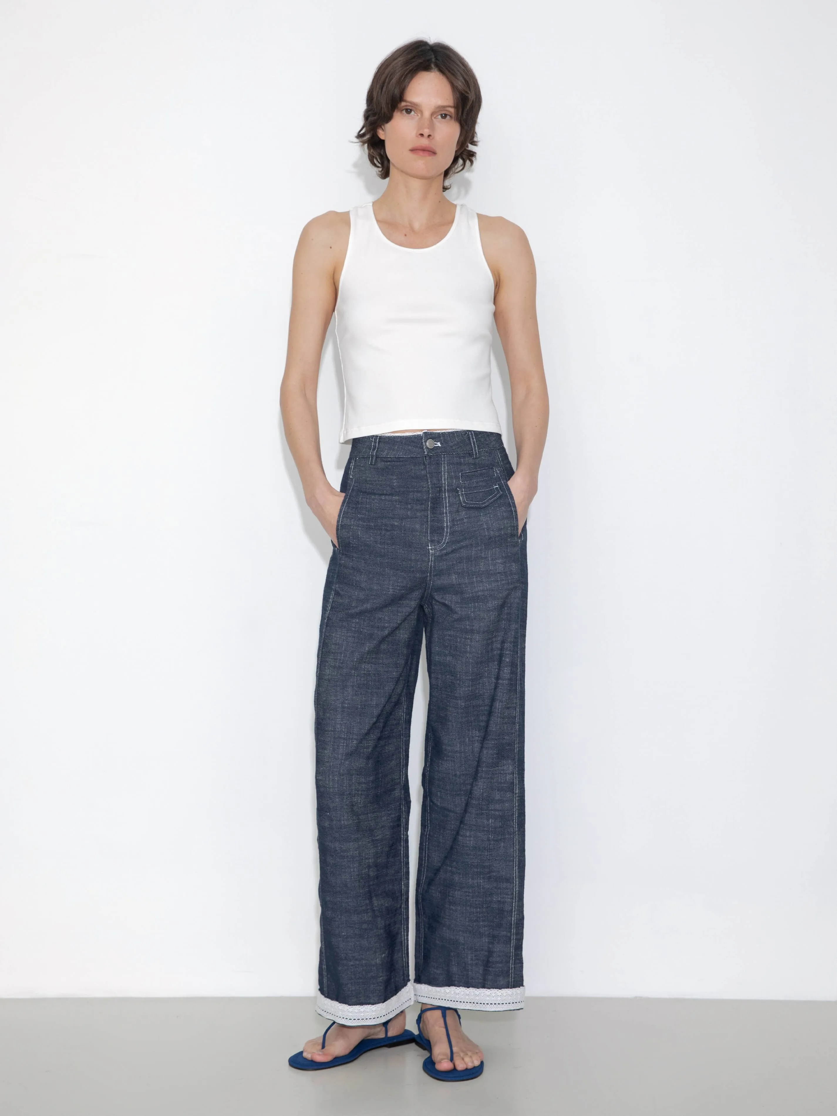 Linen-Cotton Lace Wide-Leg Straight Jeans: Navy / L