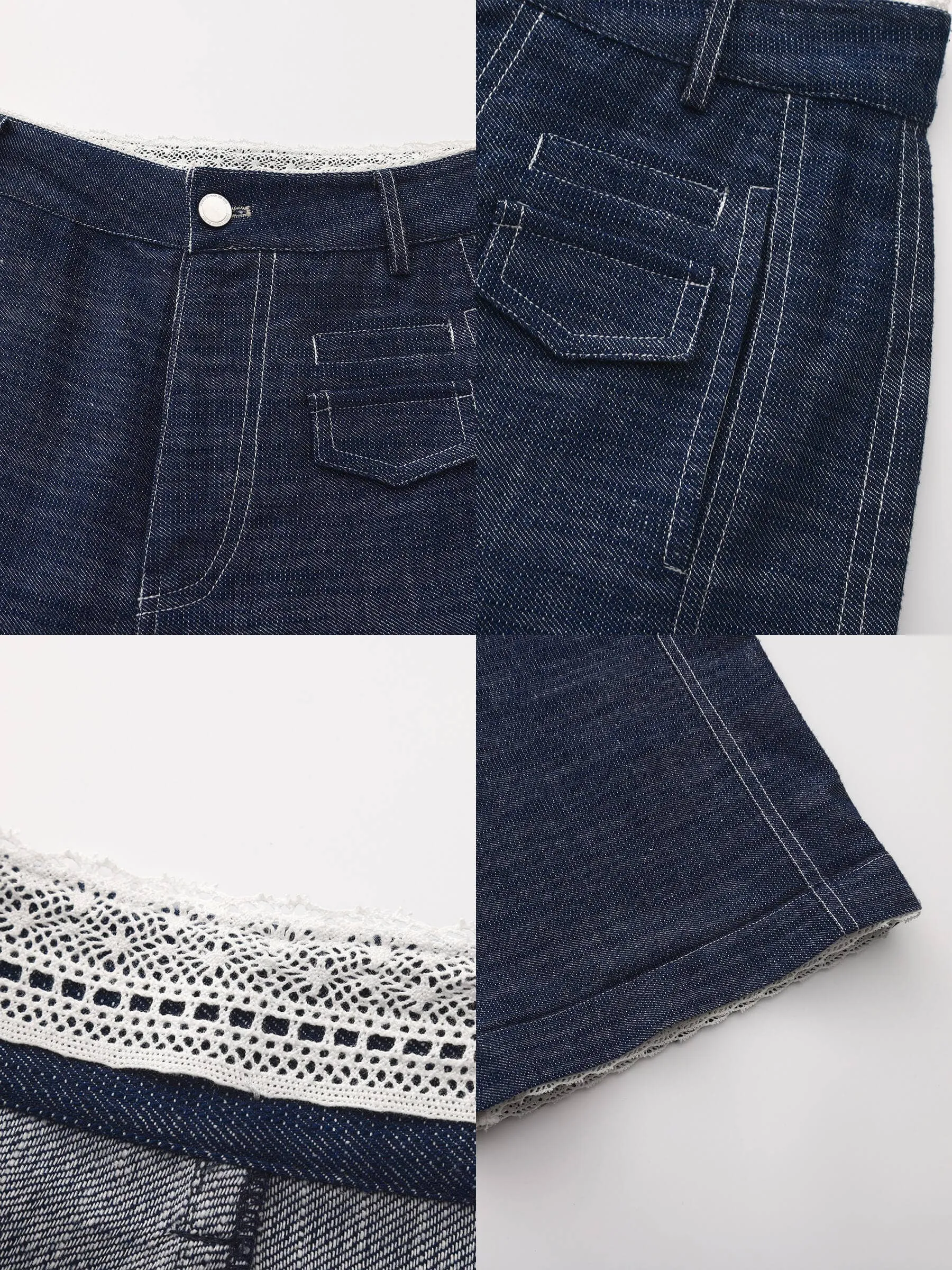 Linen-Cotton Lace Wide-Leg Straight Jeans: Navy / L