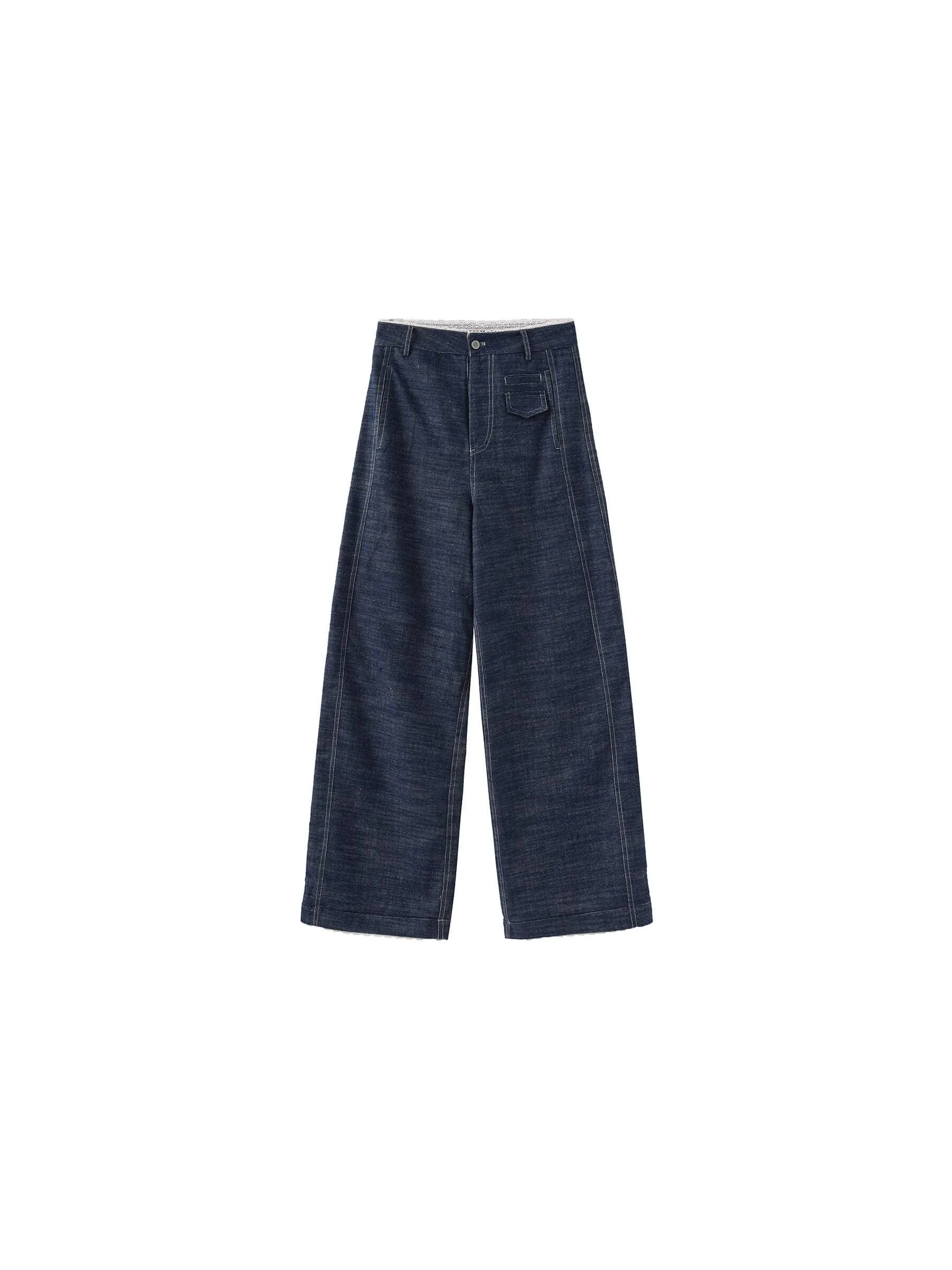 Linen-Cotton Lace Wide-Leg Straight Jeans: Navy / L