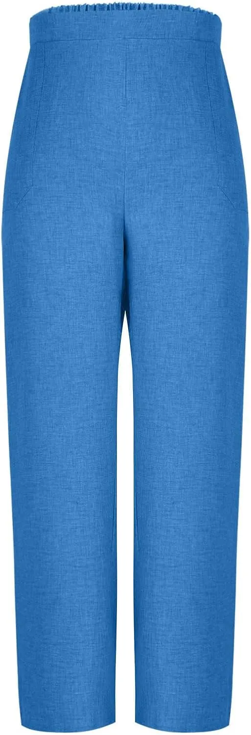 Linen Pants for Womens Summer Drawstring Waist Wide Leg Trousers Loose Linen Lightweight Pant Casual Beach Long Slacks