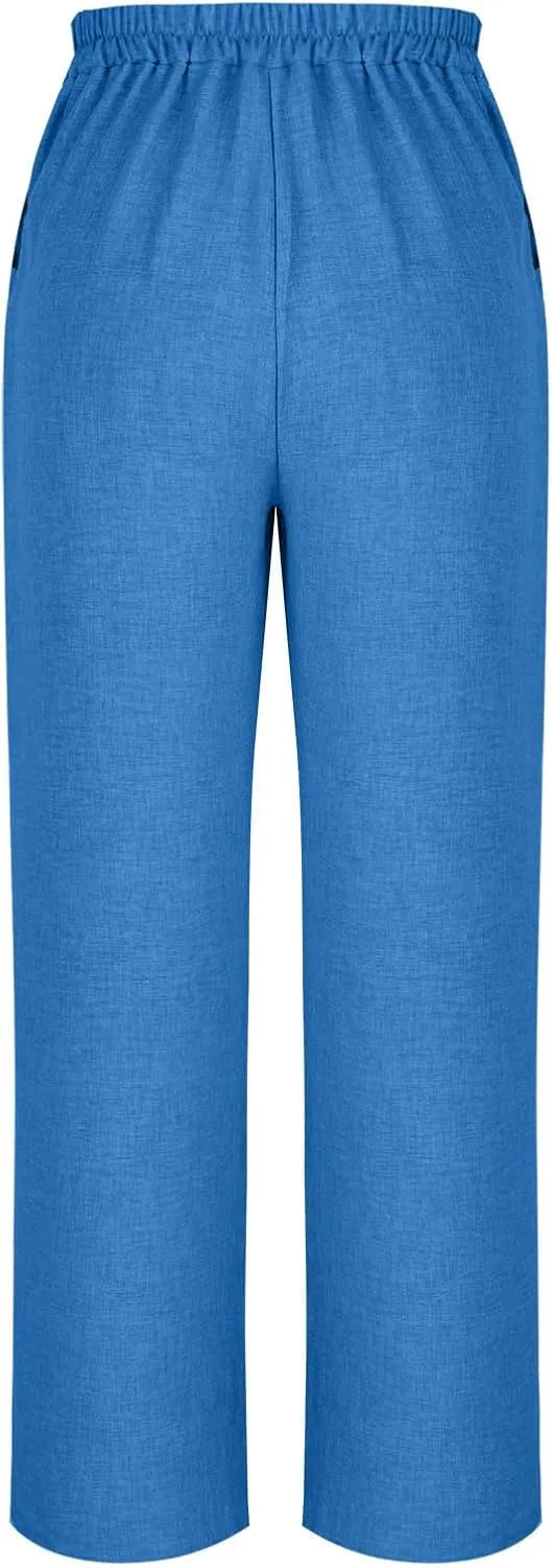 Linen Pants for Womens Summer Drawstring Waist Wide Leg Trousers Loose Linen Lightweight Pant Casual Beach Long Slacks