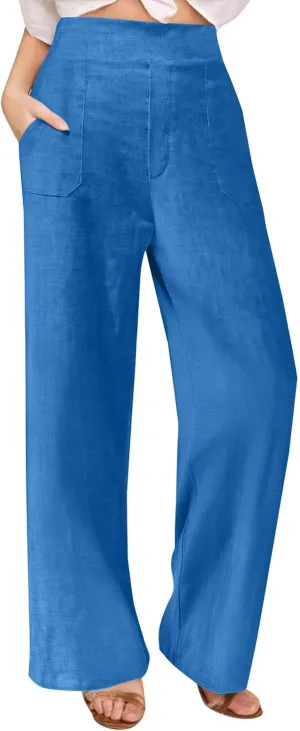 Linen Pants for Womens Summer Drawstring Waist Wide Leg Trousers Loose Linen Lightweight Pant Casual Beach Long Slacks