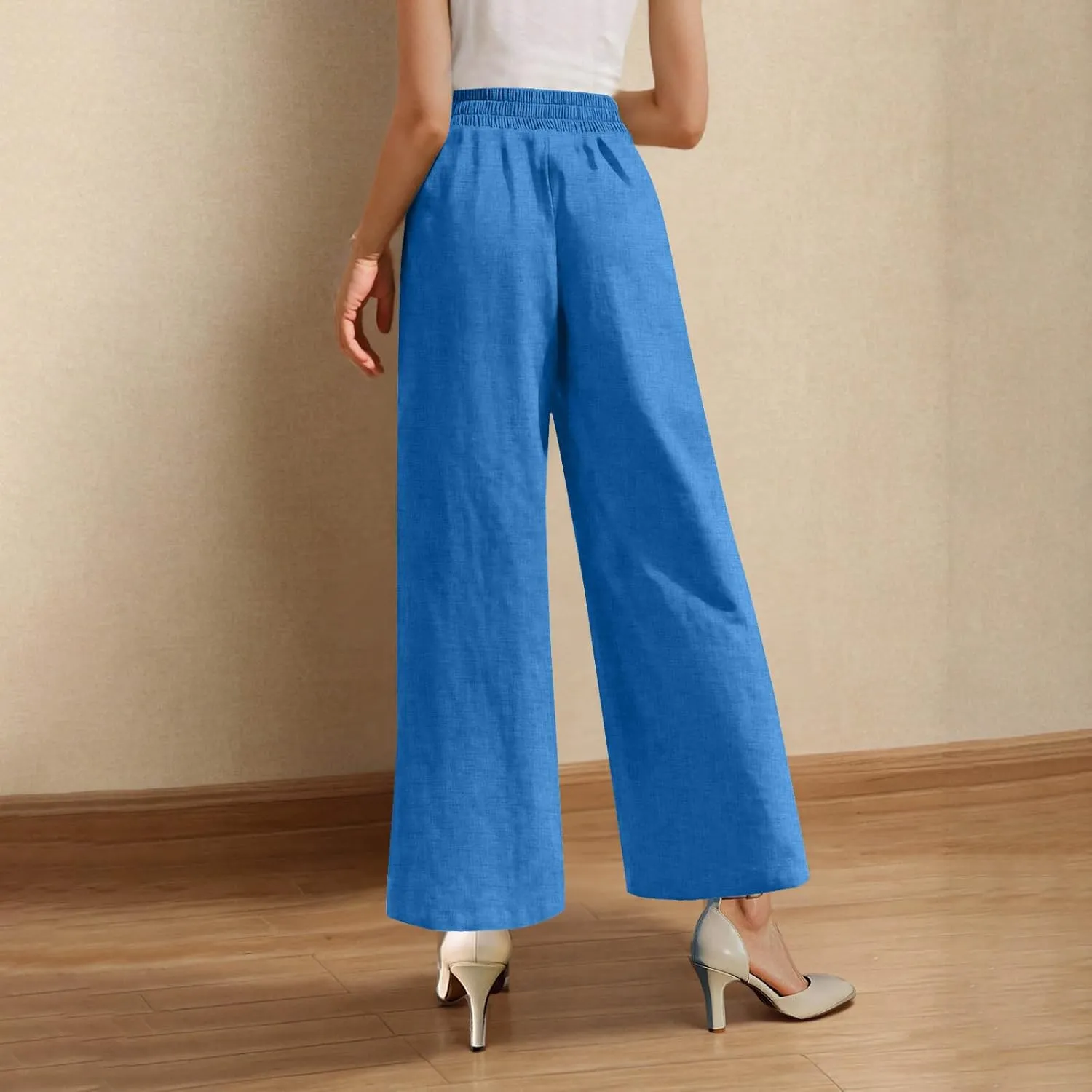 Linen Pants for Womens Summer Drawstring Waist Wide Leg Trousers Loose Linen Lightweight Pant Casual Beach Long Slacks