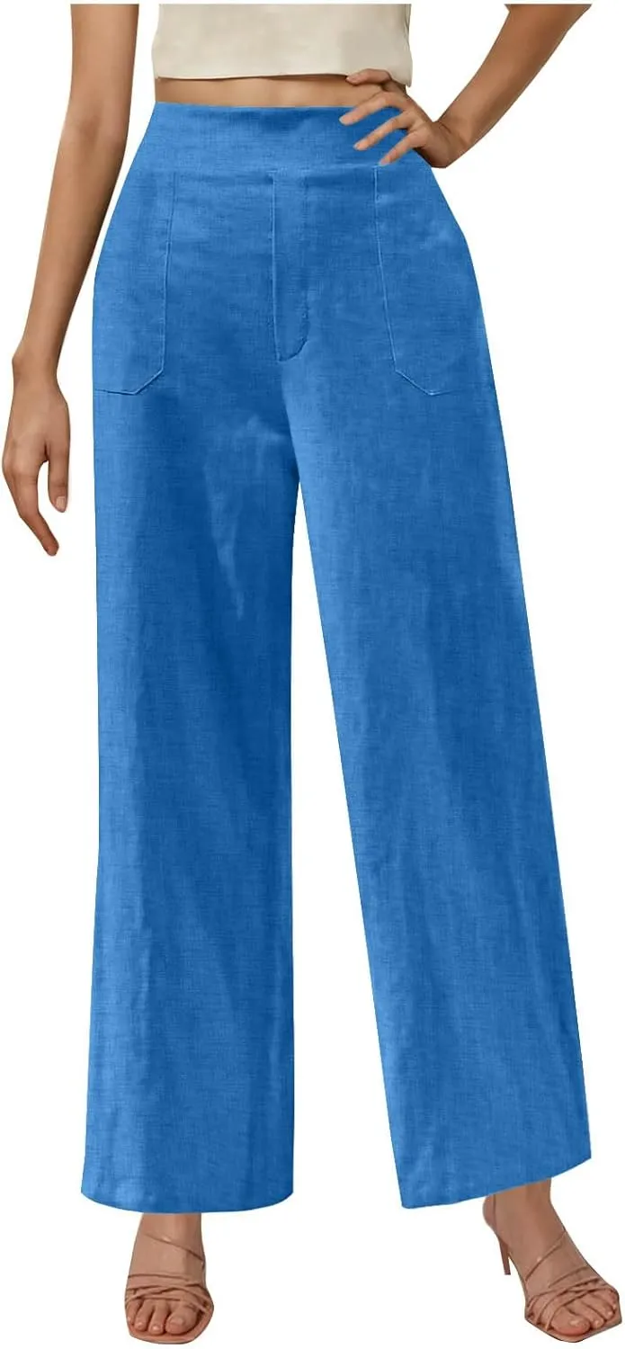 Linen Pants for Womens Summer Drawstring Waist Wide Leg Trousers Loose Linen Lightweight Pant Casual Beach Long Slacks