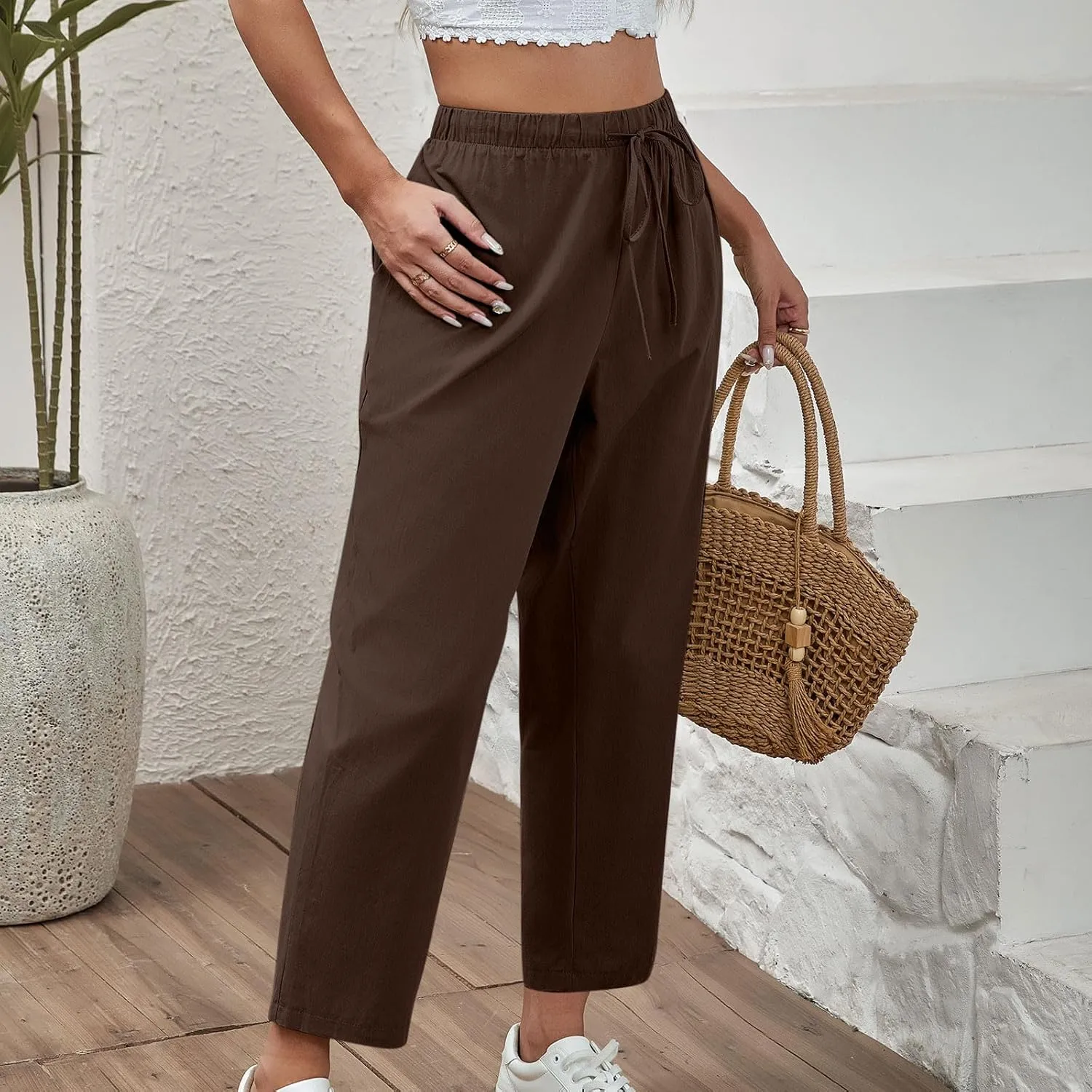 Lmdudan 2025 Women Casual Cotton Linen Pants Lightweight Summer Elastic Waist Beach Pants Plus Size Solid Lounge Long Trouser