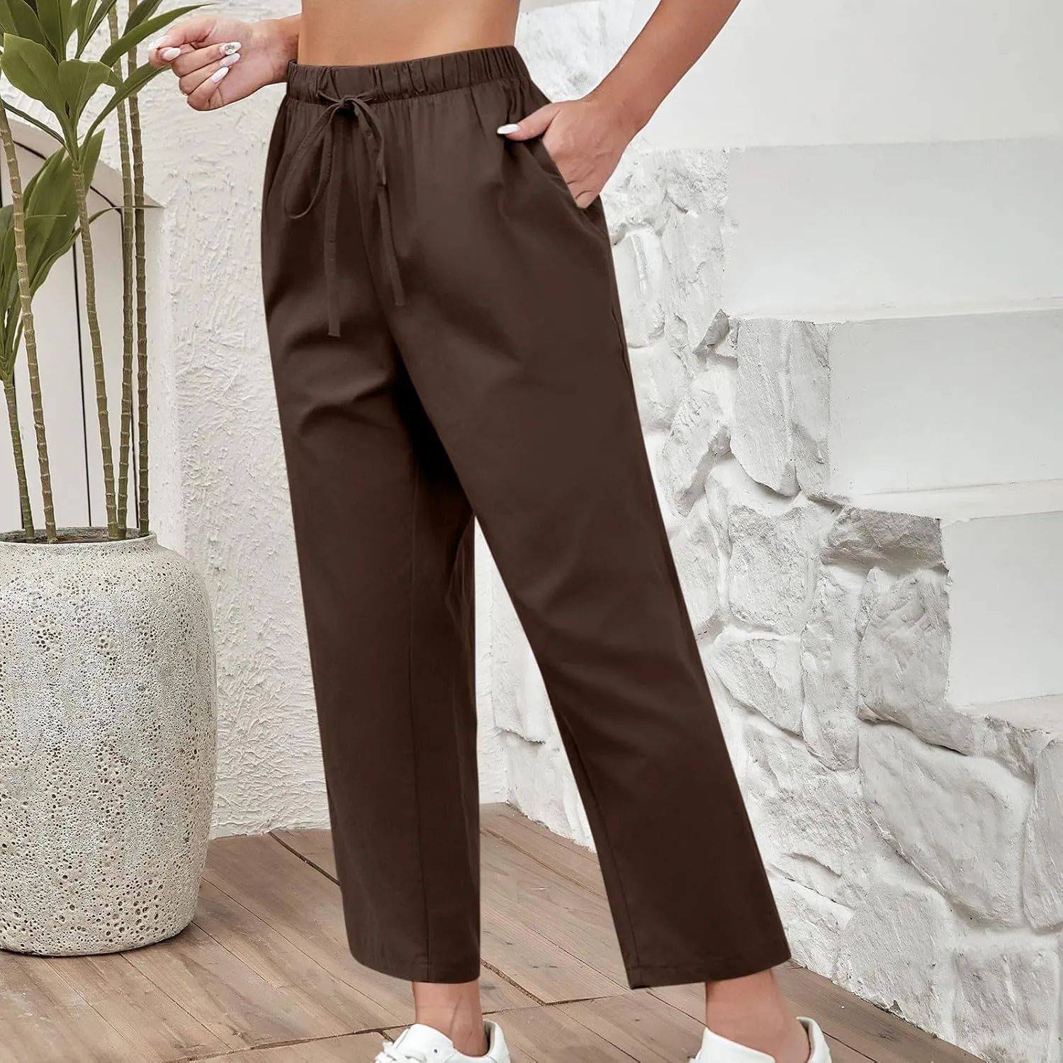 Lmdudan 2025 Women Casual Cotton Linen Pants Lightweight Summer Elastic Waist Beach Pants Plus Size Solid Lounge Long Trouser