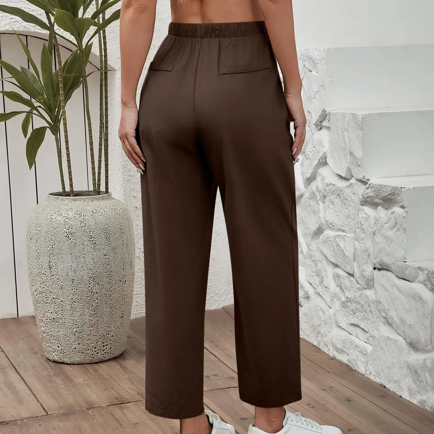Lmdudan 2025 Women Casual Cotton Linen Pants Lightweight Summer Elastic Waist Beach Pants Plus Size Solid Lounge Long Trouser