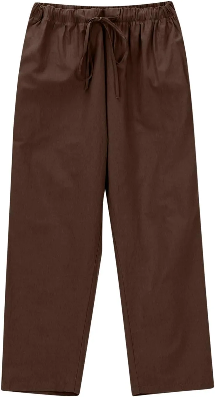 Lmdudan 2025 Women Casual Cotton Linen Pants Lightweight Summer Elastic Waist Beach Pants Plus Size Solid Lounge Long Trouser