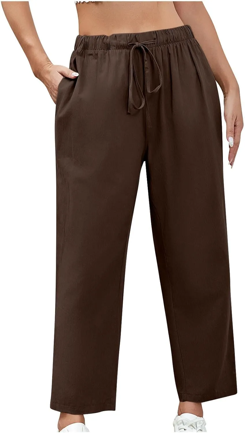 Lmdudan 2025 Women Casual Cotton Linen Pants Lightweight Summer Elastic Waist Beach Pants Plus Size Solid Lounge Long Trouser