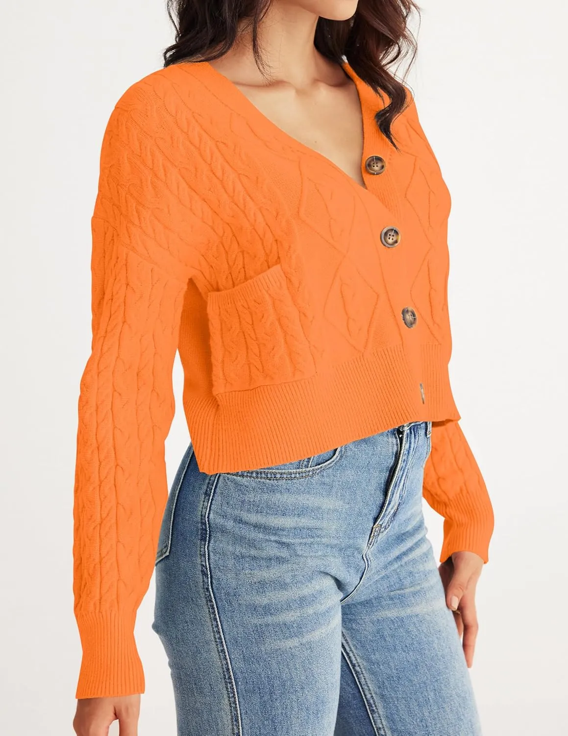 MEROKEETY Women's Long Sleeve Open Front Cable Knit Crop Cardigans V Neck Button Sweaters with Pockets