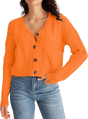 MEROKEETY Women's Long Sleeve Open Front Cable Knit Crop Cardigans V Neck Button Sweaters with Pockets