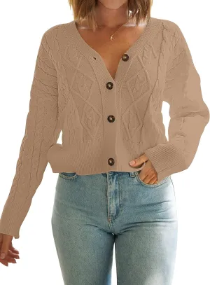 MEROKEETY Women's Long Sleeve Open Front Cable Knit Crop Cardigans V Neck Button Sweaters with Pockets