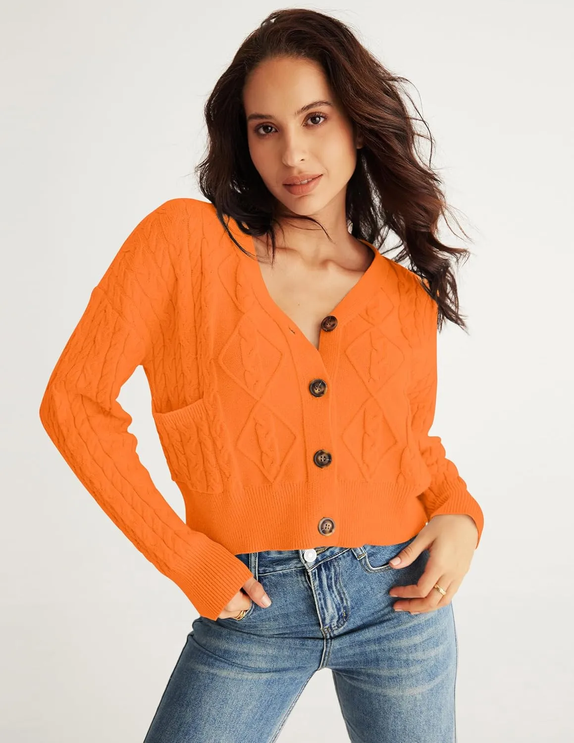 MEROKEETY Women's Long Sleeve Open Front Cable Knit Crop Cardigans V Neck Button Sweaters with Pockets