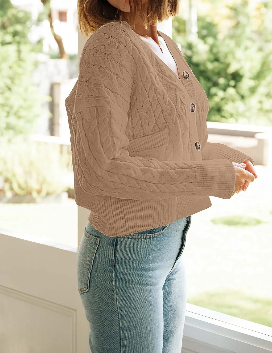 MEROKEETY Women's Long Sleeve Open Front Cable Knit Crop Cardigans V Neck Button Sweaters with Pockets
