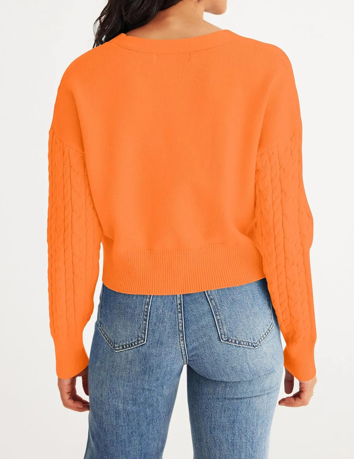 MEROKEETY Women's Long Sleeve Open Front Cable Knit Crop Cardigans V Neck Button Sweaters with Pockets