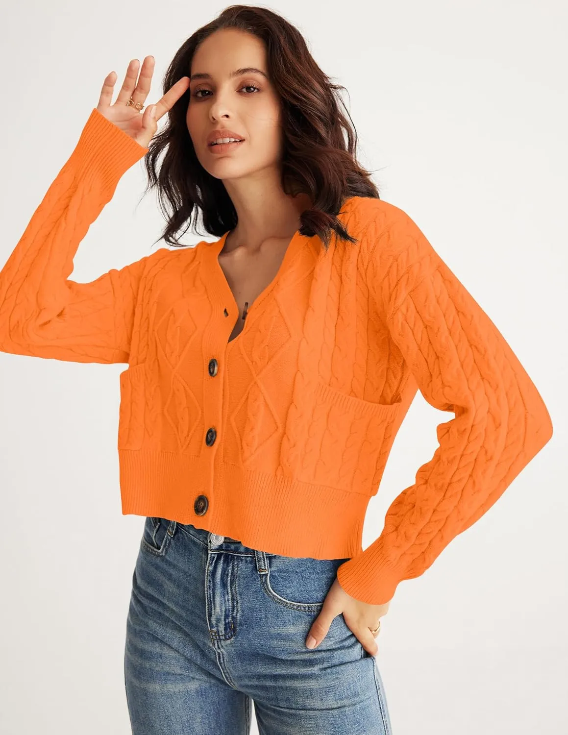 MEROKEETY Women's Long Sleeve Open Front Cable Knit Crop Cardigans V Neck Button Sweaters with Pockets
