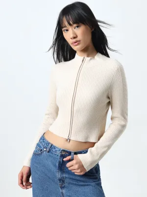 Nuon Beige Ribbed Cotton Blend Cardigan