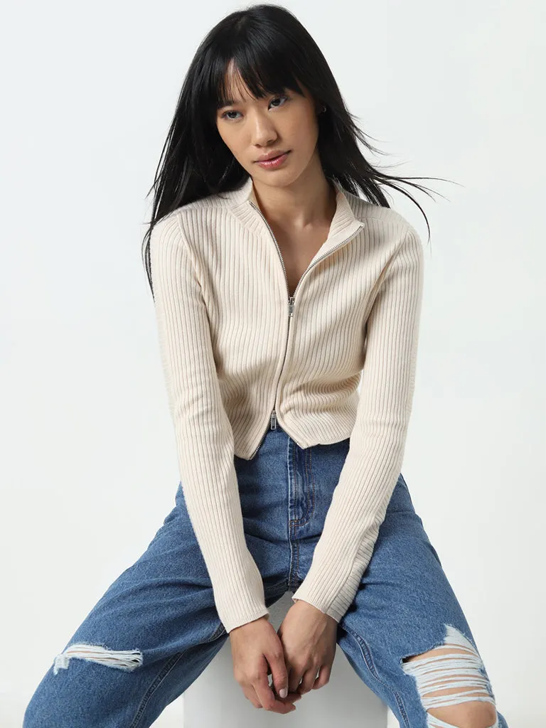 Nuon Beige Ribbed Cotton Blend Cardigan