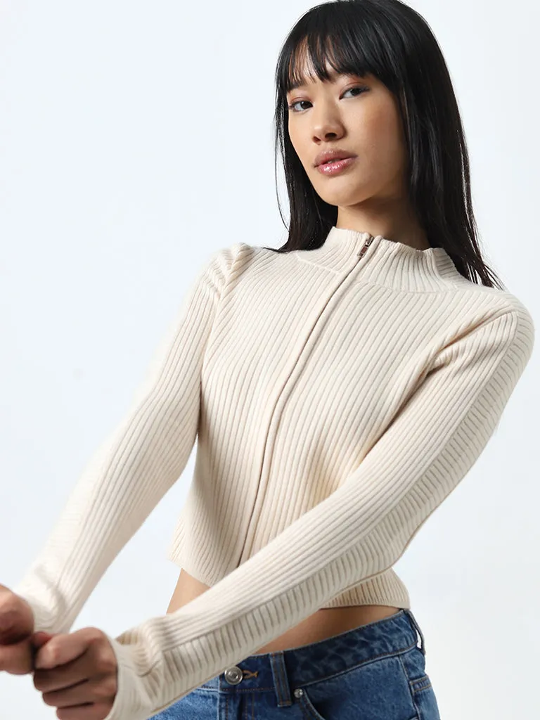 Nuon Beige Ribbed Cotton Blend Cardigan