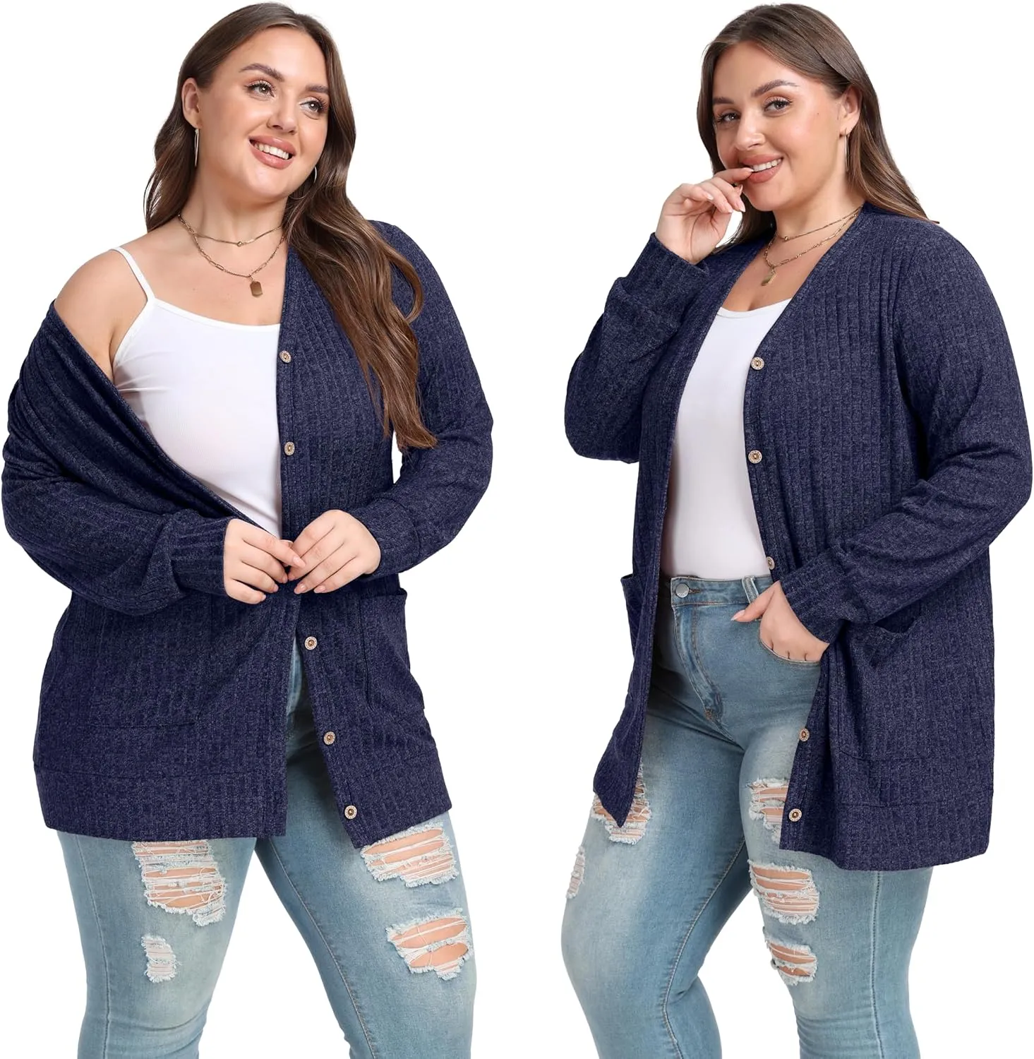 OLRIK Plus Size Sweater for Women Lightweight Long Sleeve Buttons Down Cardigans Casual Jacket Coat with Pockets