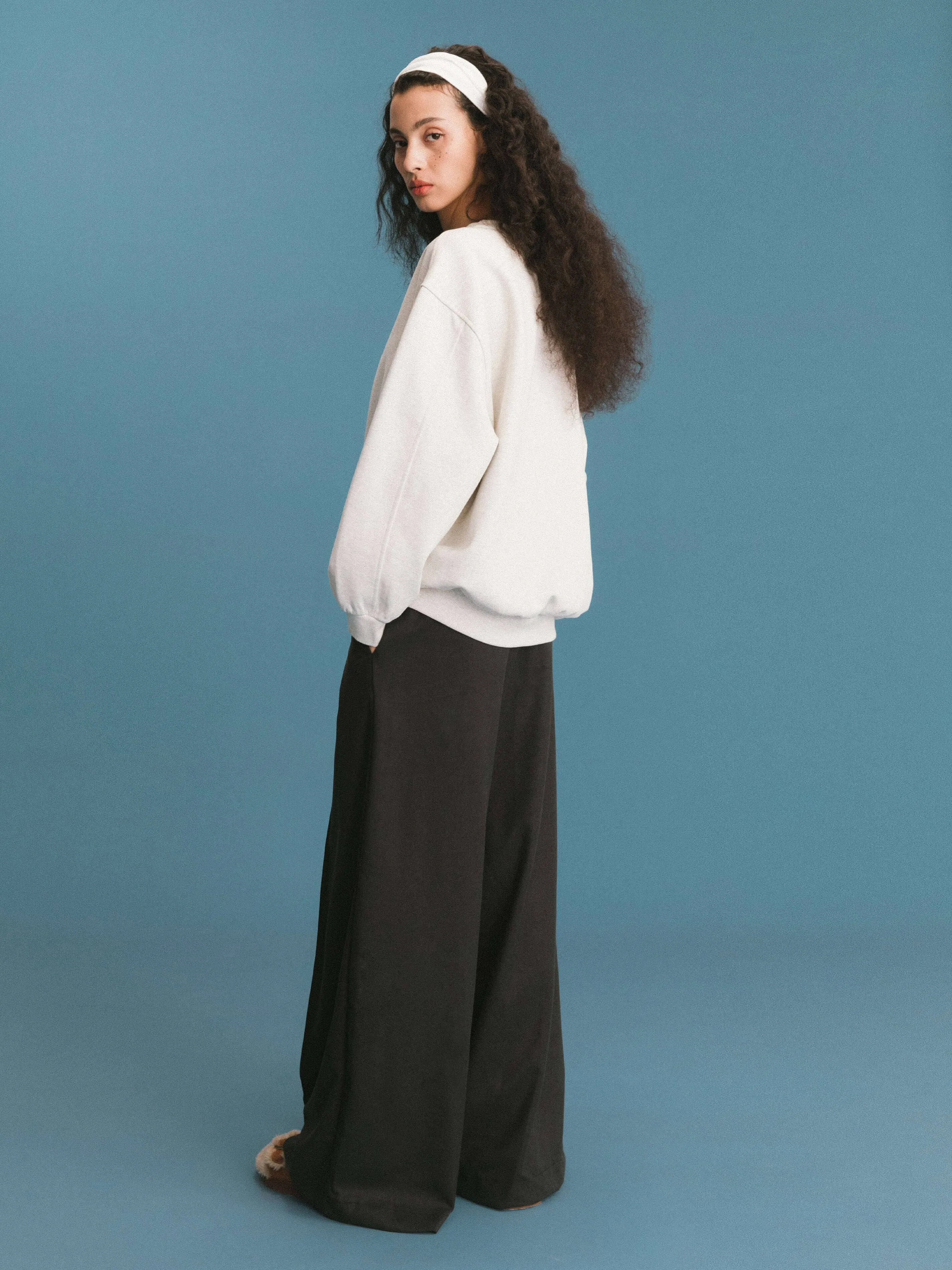 ONE BY CUBIC Pleated Wide Leg Wool Blend Trousers: FloralWhite / M