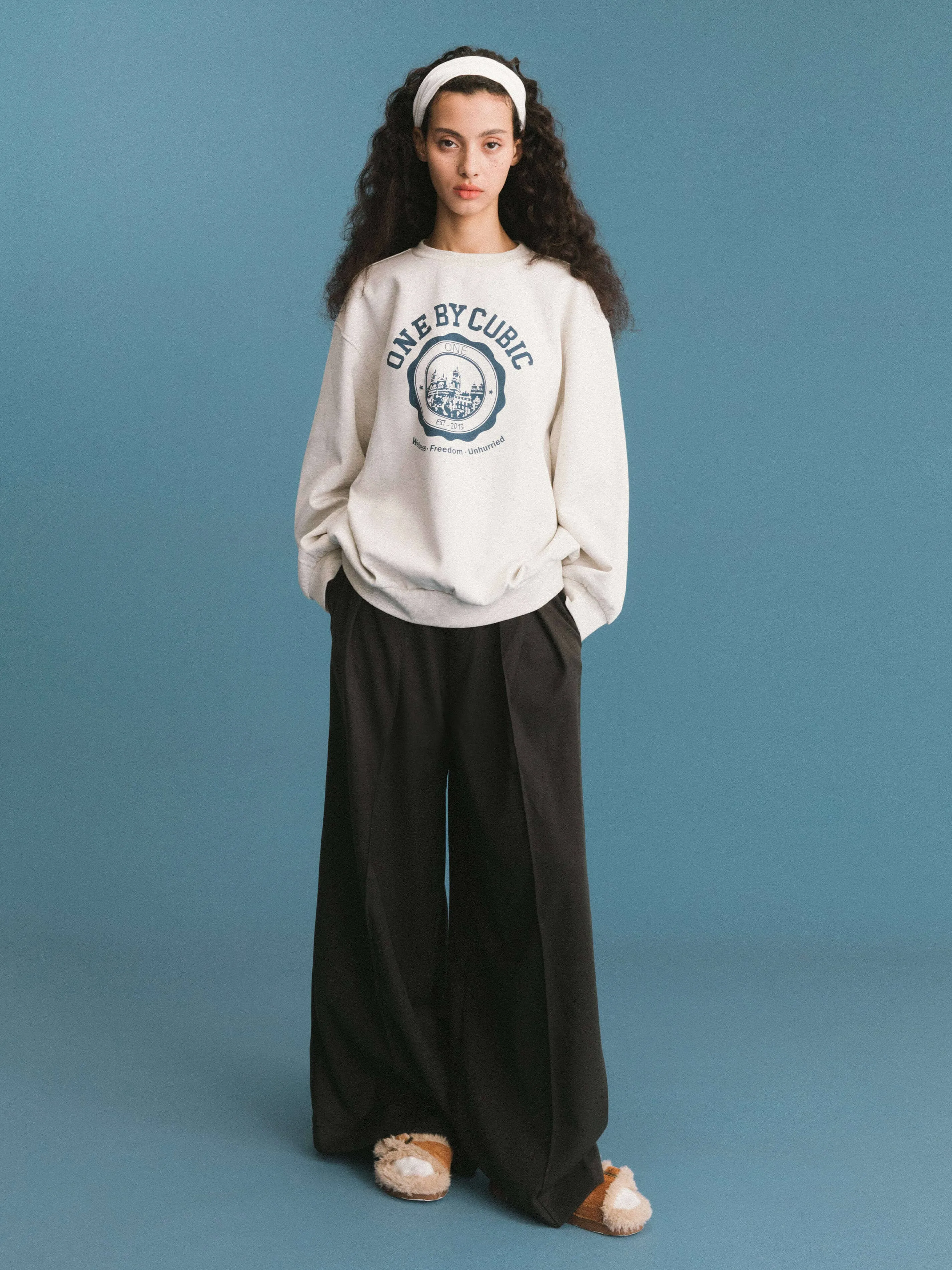 ONE BY CUBIC Pleated Wide Leg Wool Blend Trousers: FloralWhite / M