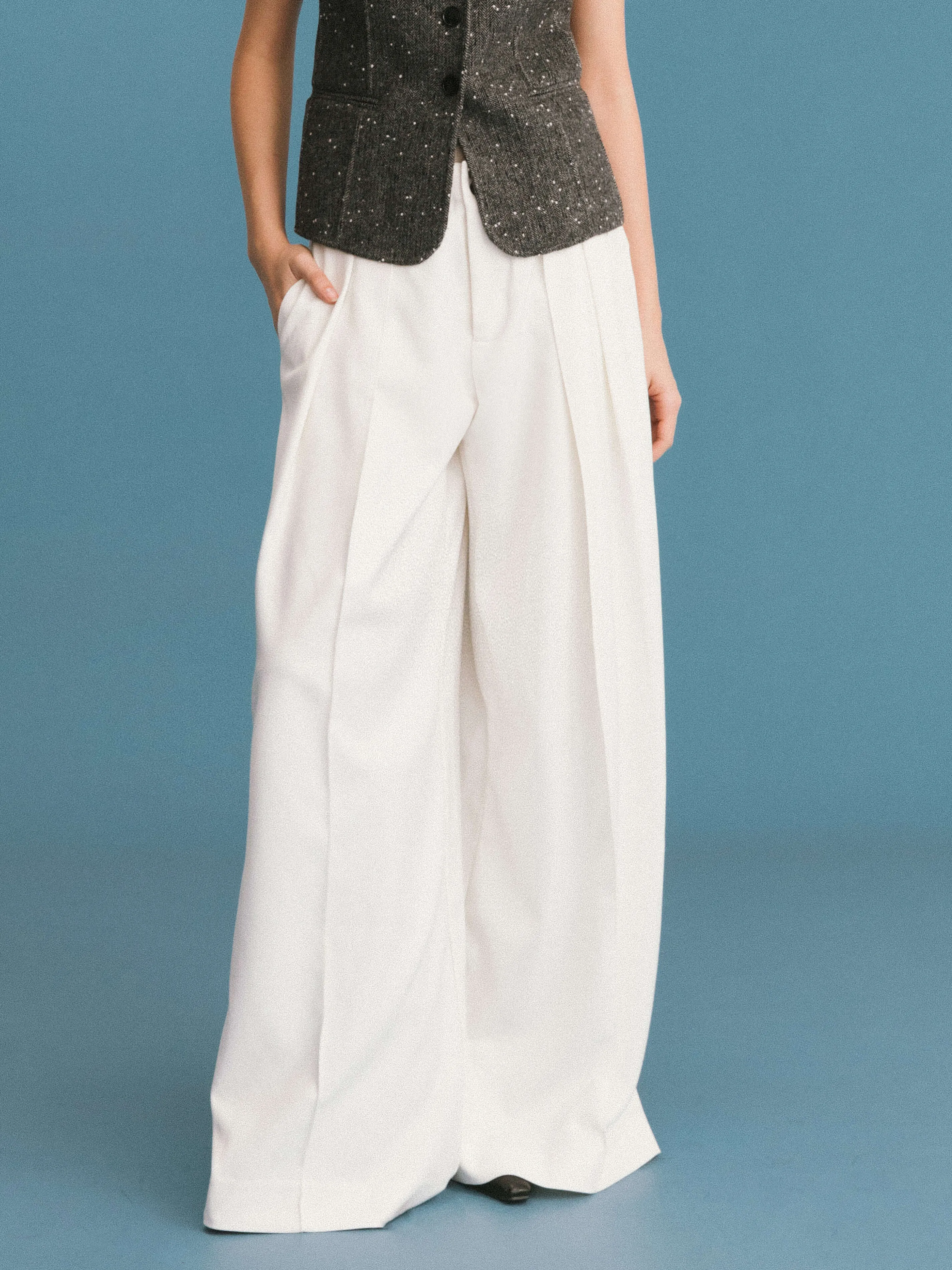 ONE BY CUBIC Pleated Wide Leg Wool Blend Trousers: FloralWhite / M