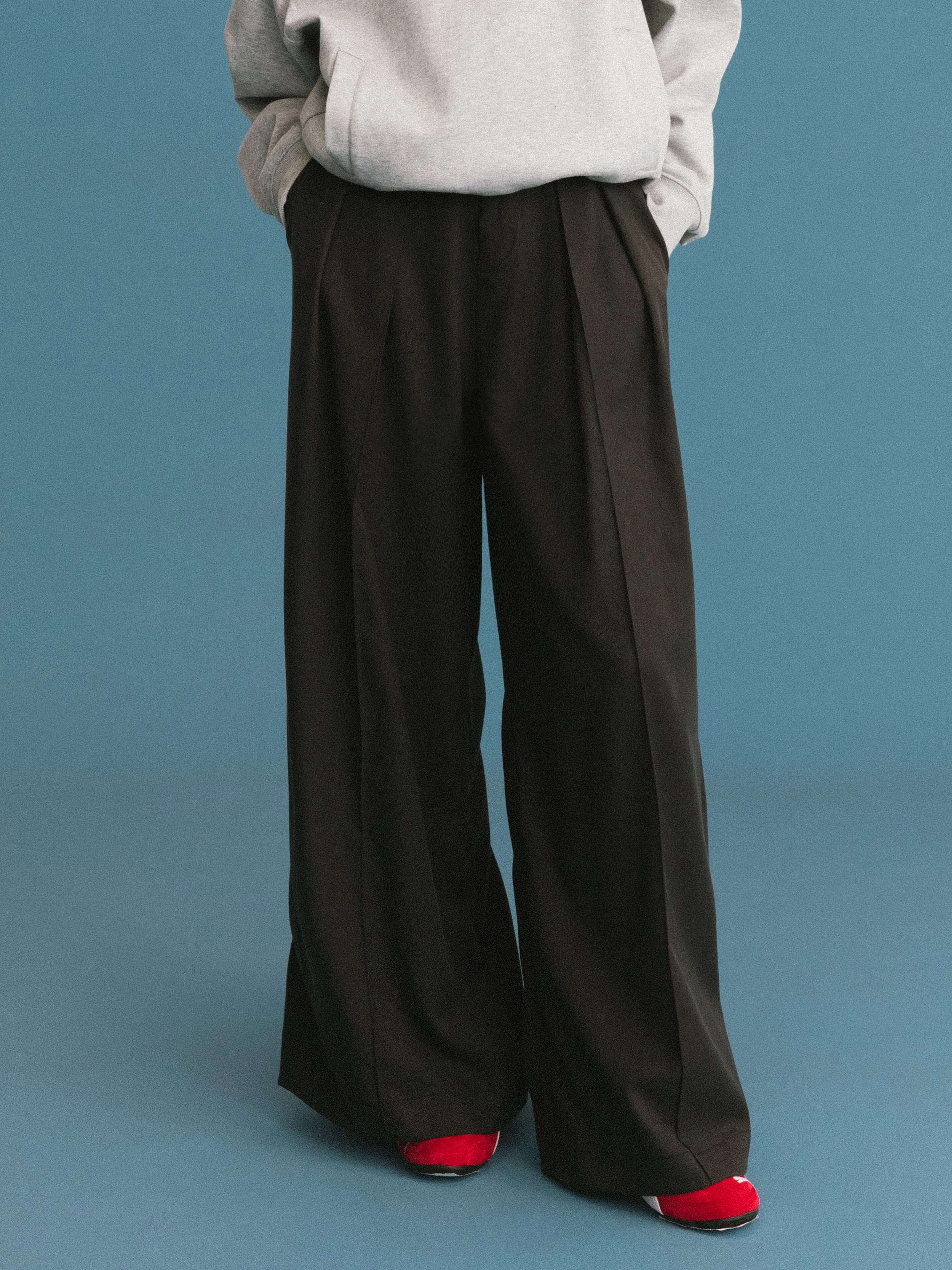 ONE BY CUBIC Pleated Wide Leg Wool Blend Trousers: FloralWhite / M