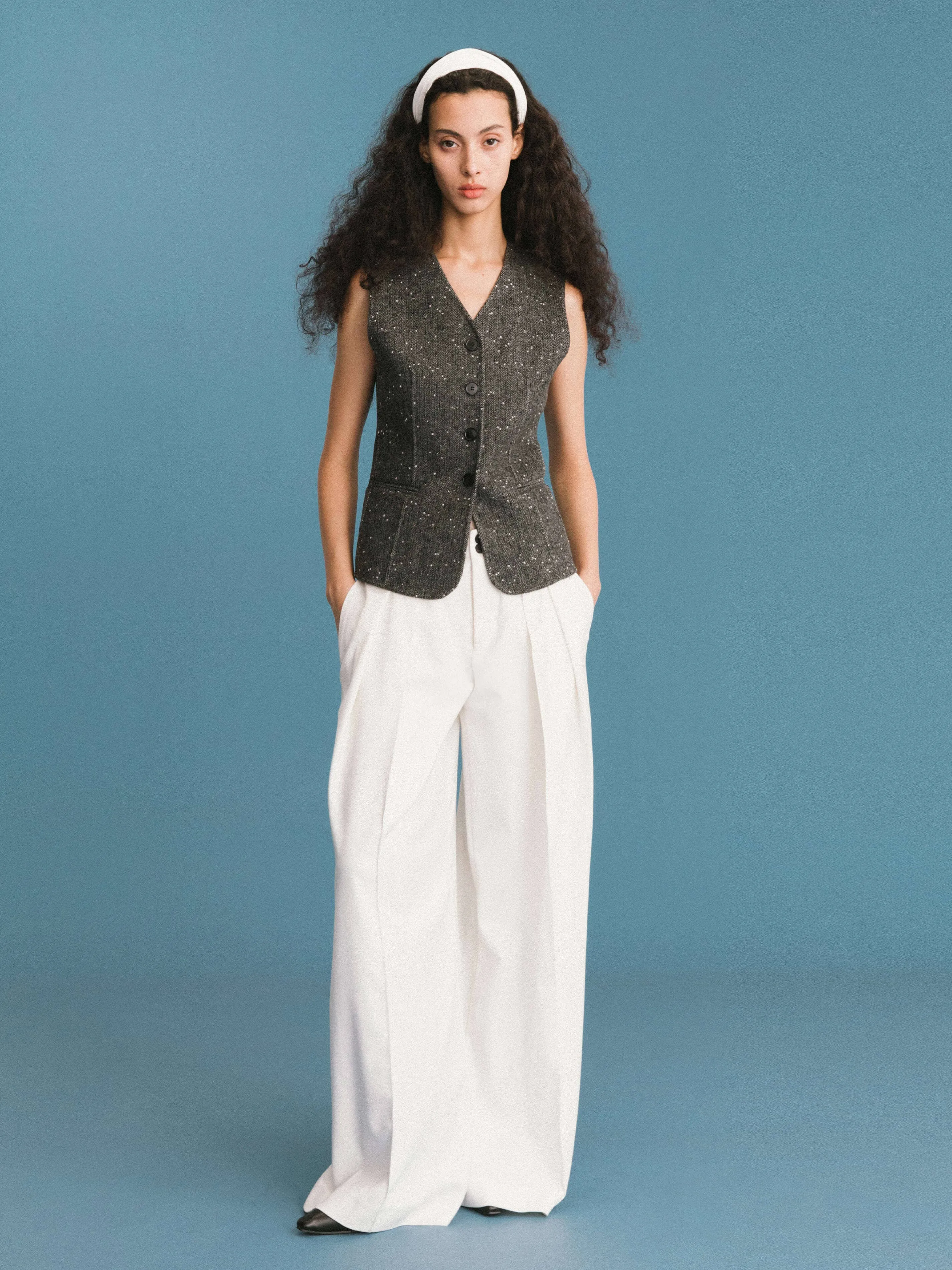 ONE BY CUBIC Pleated Wide Leg Wool Blend Trousers: FloralWhite / M