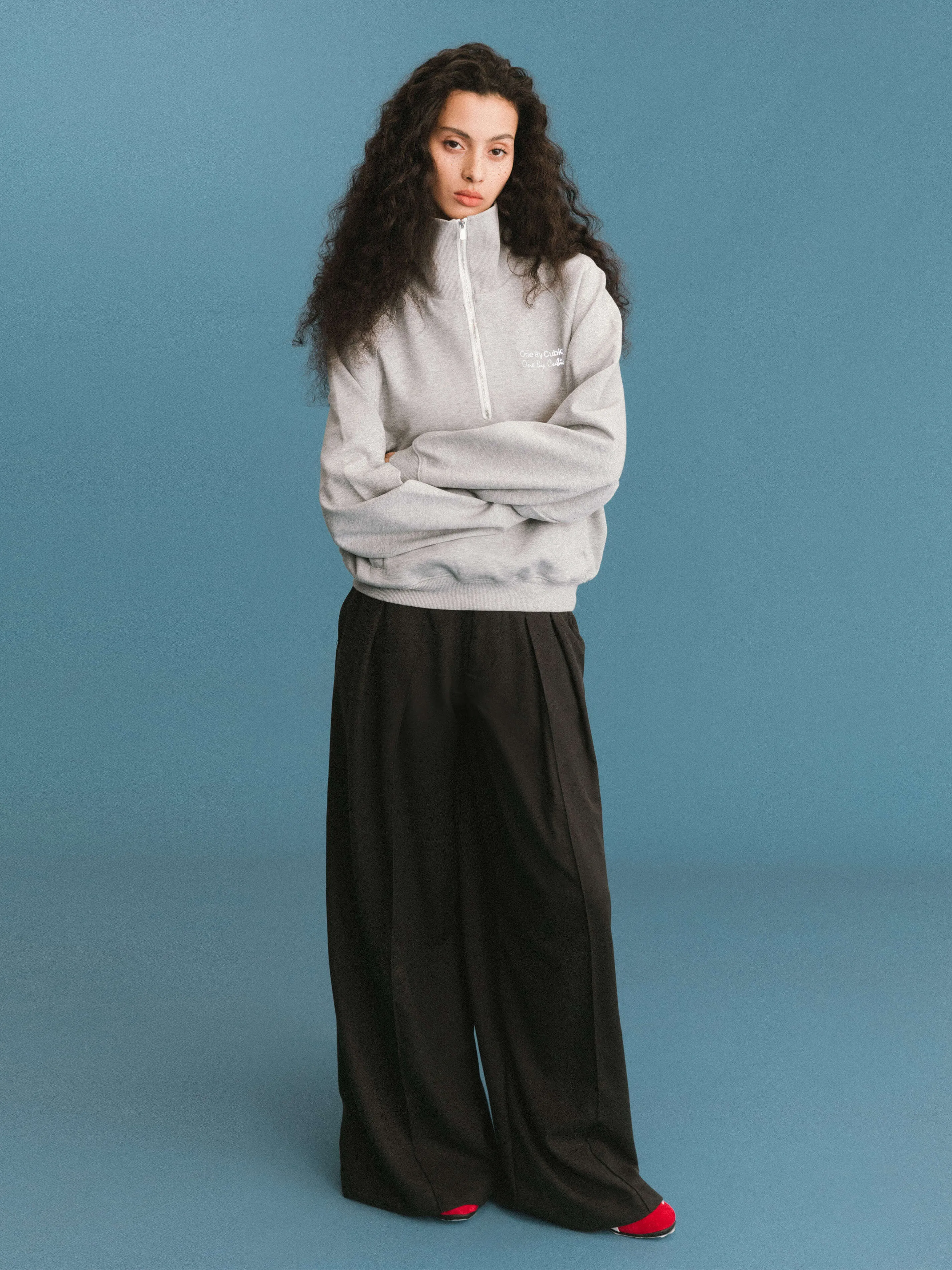 ONE BY CUBIC Pleated Wide Leg Wool Blend Trousers: FloralWhite / M