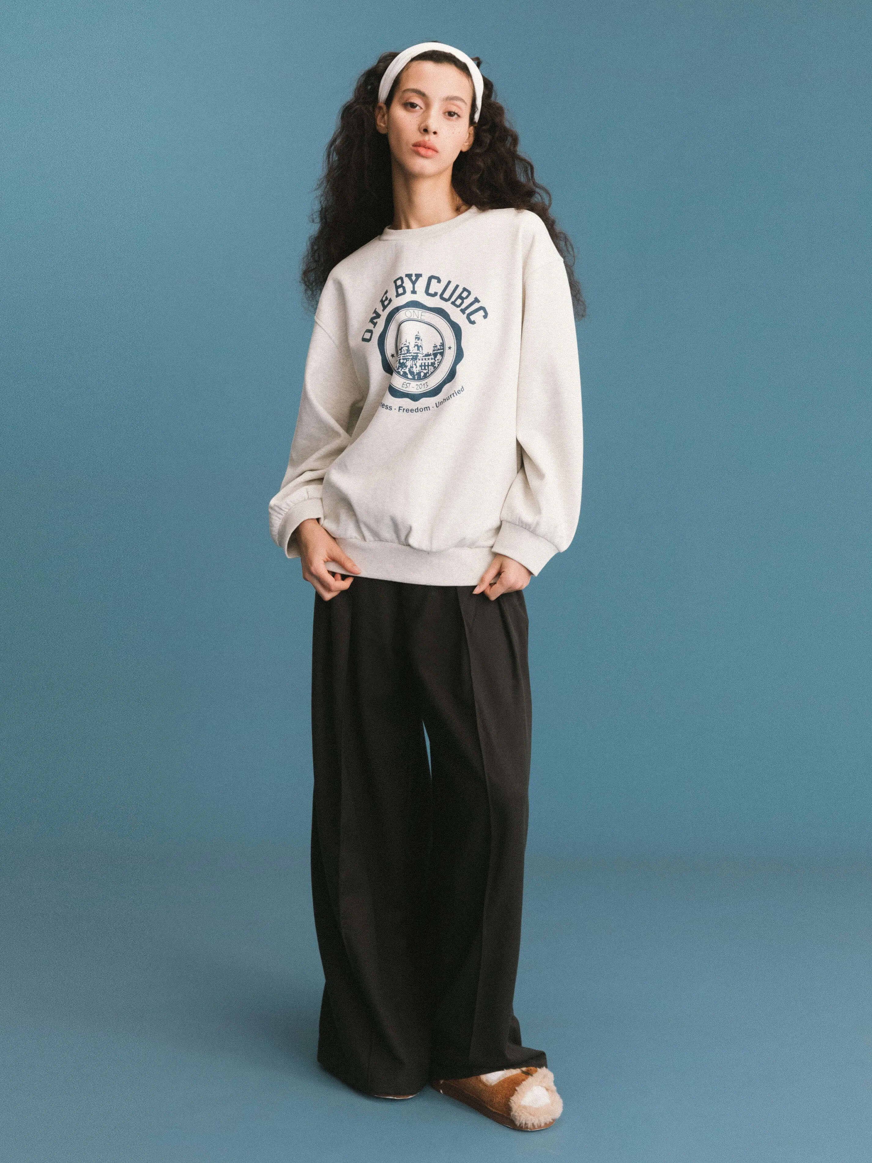 ONE BY CUBIC Pleated Wide Leg Wool Blend Trousers: FloralWhite / M