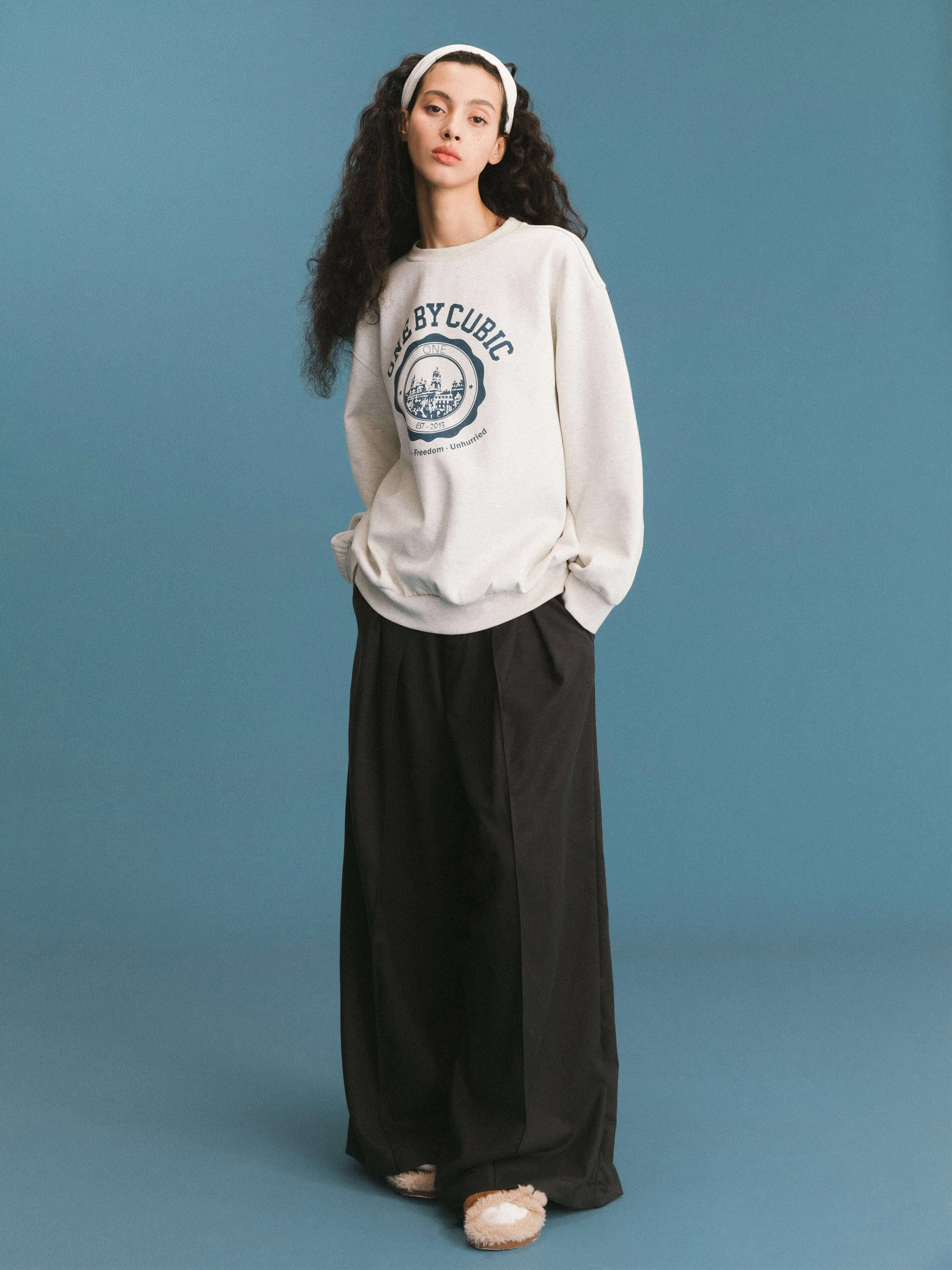 ONE BY CUBIC Pleated Wide Leg Wool Blend Trousers: FloralWhite / M