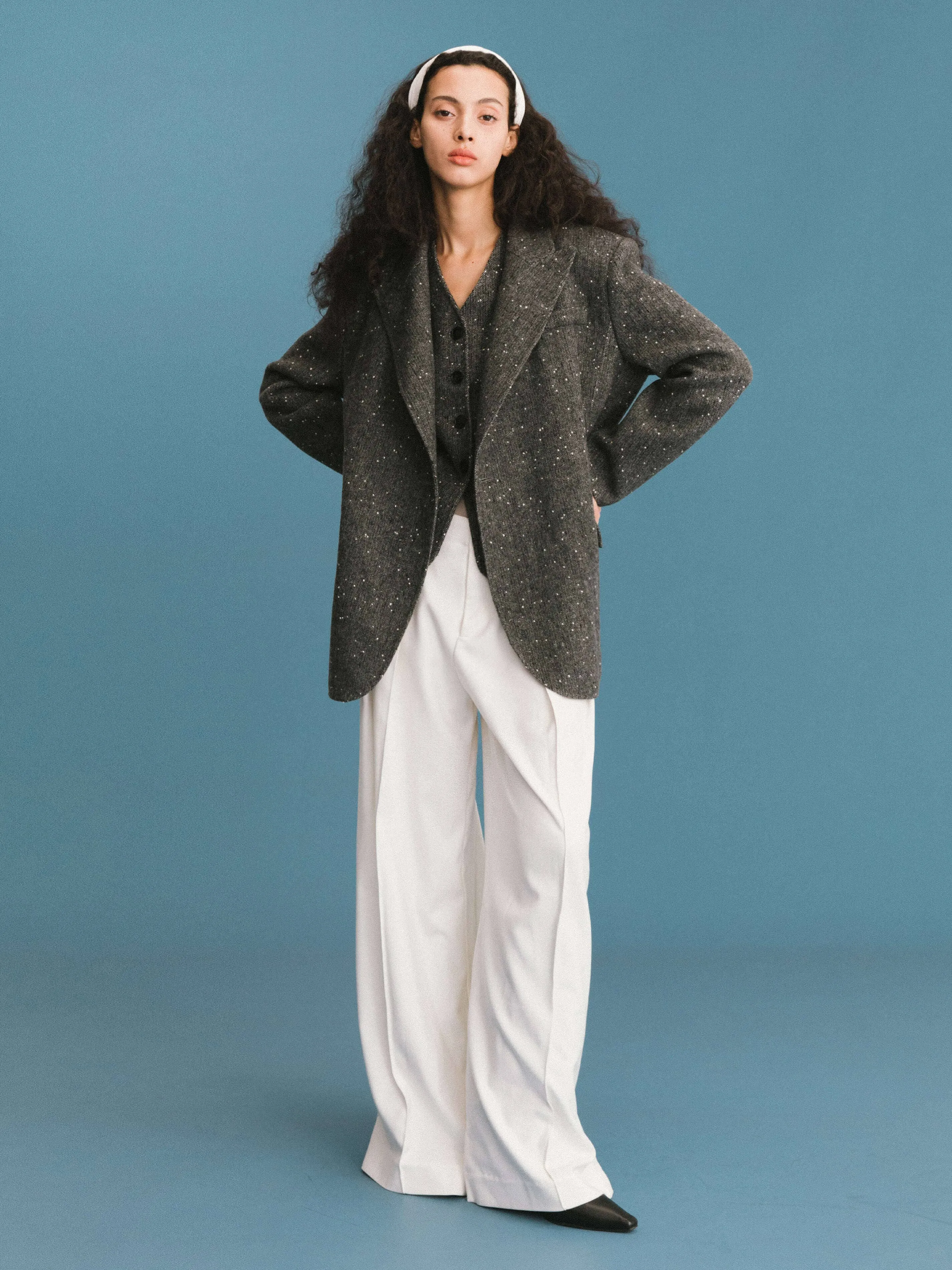 ONE BY CUBIC Pleated Wide Leg Wool Blend Trousers: FloralWhite / M