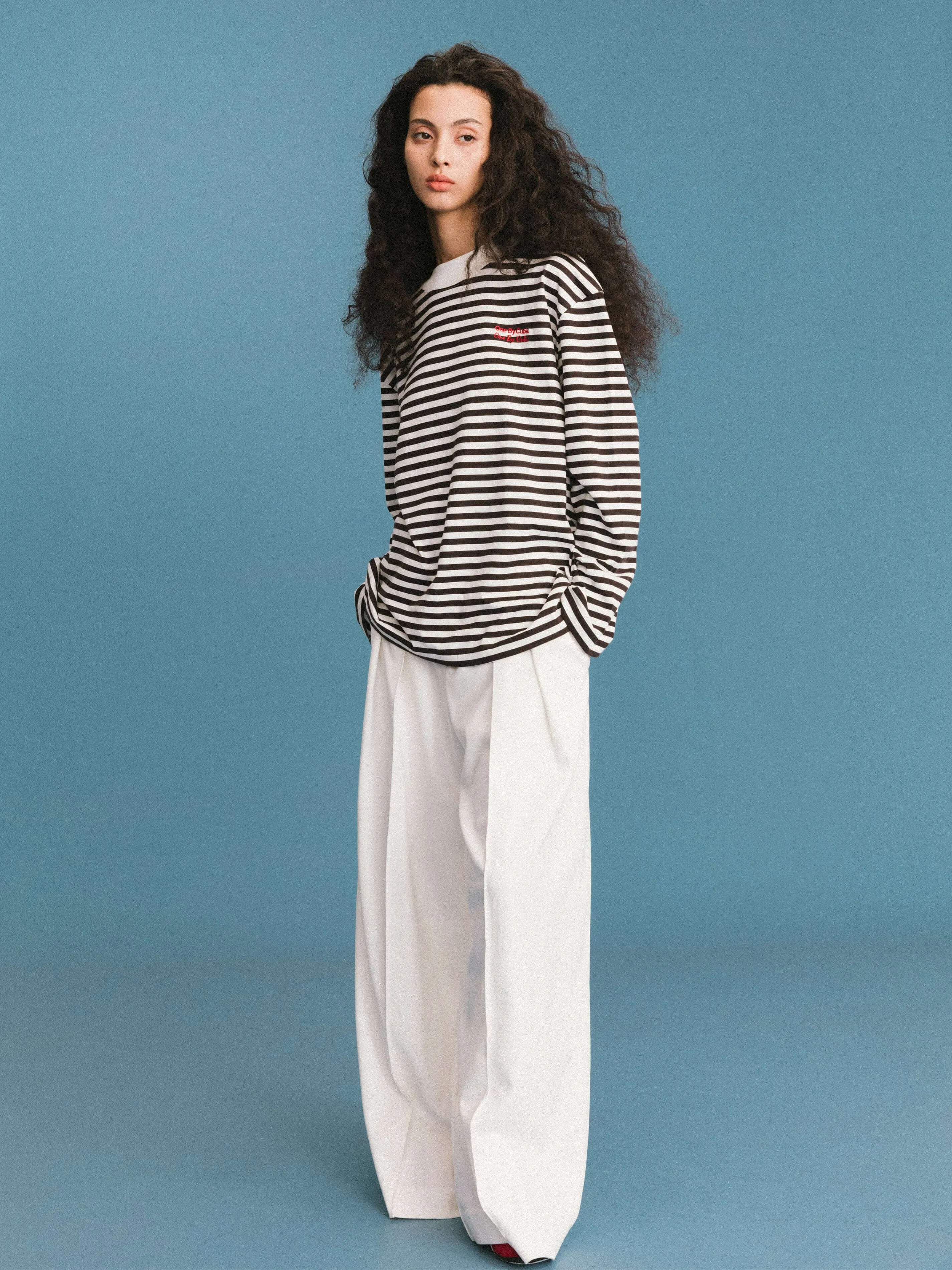 ONE BY CUBIC Pleated Wide Leg Wool Blend Trousers: FloralWhite / M