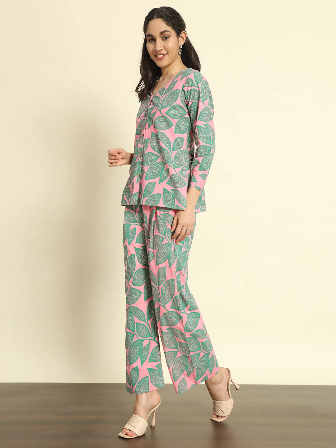 Pink Leafy V Neck Printed Co-ords