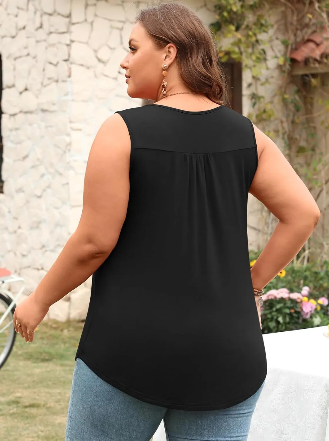 POPYOUNG Womens Summer Tank Tops Sleeveless Loose Fit Henley Button Down Shirts to Wear with Leggings Casual Pleated Blouse