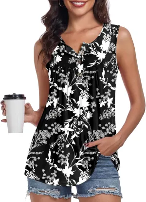 POPYOUNG Womens Summer Tank Tops Sleeveless Loose Fit Henley Button Down Shirts to Wear with Leggings Casual Pleated Blouse