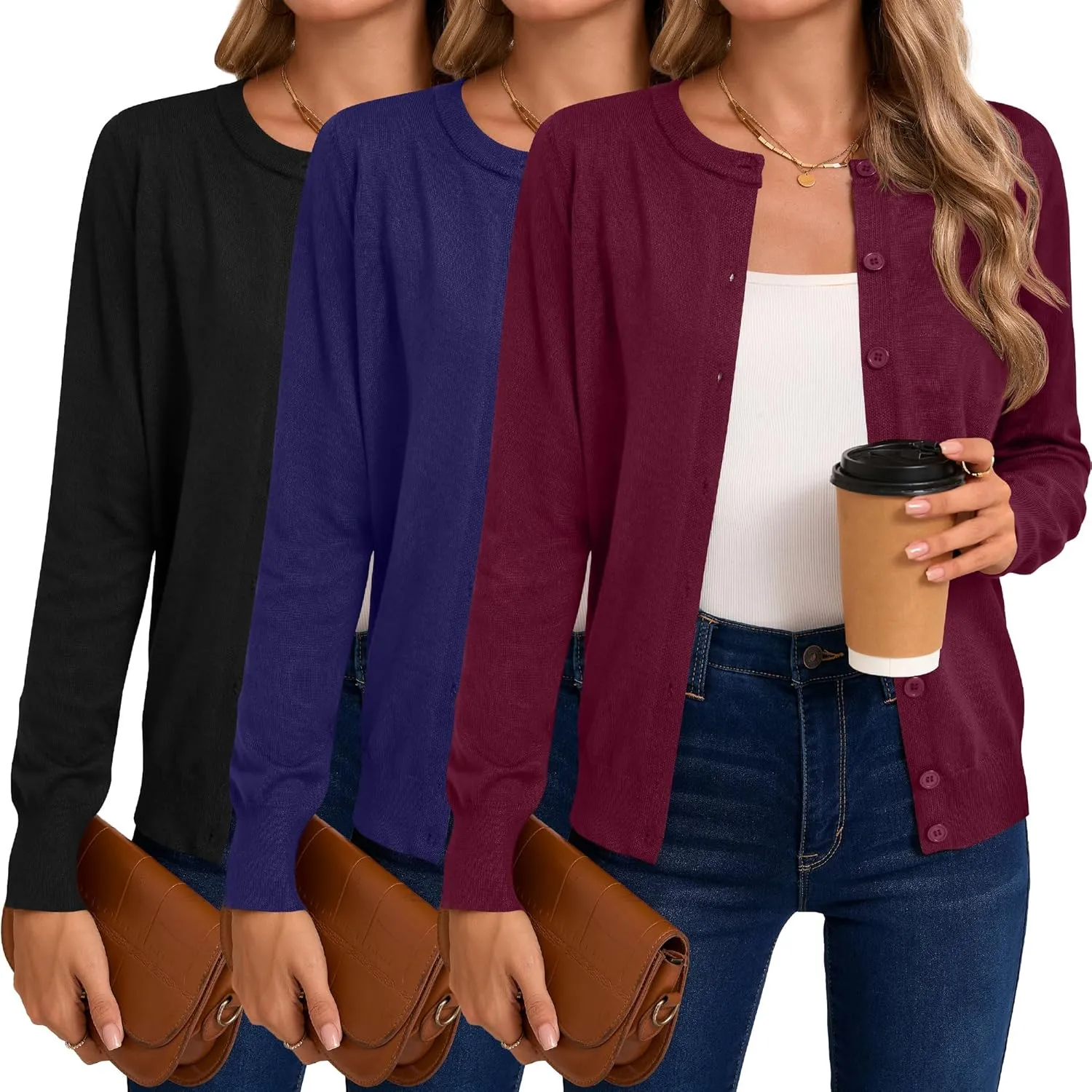 Riyiper 3 Pack Women's Lightweight Cardigans, Long Sleeve Crewneck Knit Cardigan Sweaters Casual Button Down Stretch Tops