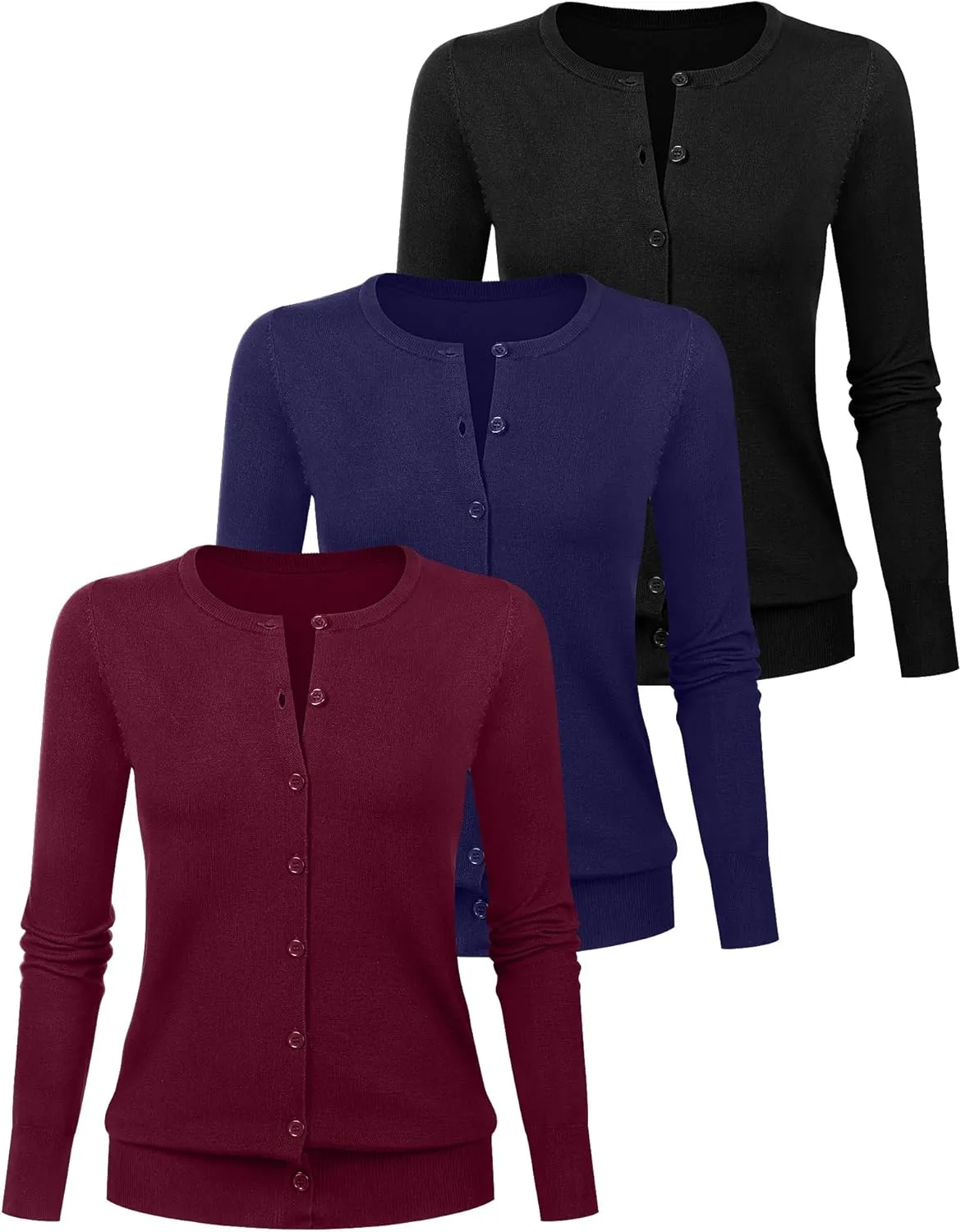 Riyiper 3 Pack Women's Lightweight Cardigans, Long Sleeve Crewneck Knit Cardigan Sweaters Casual Button Down Stretch Tops