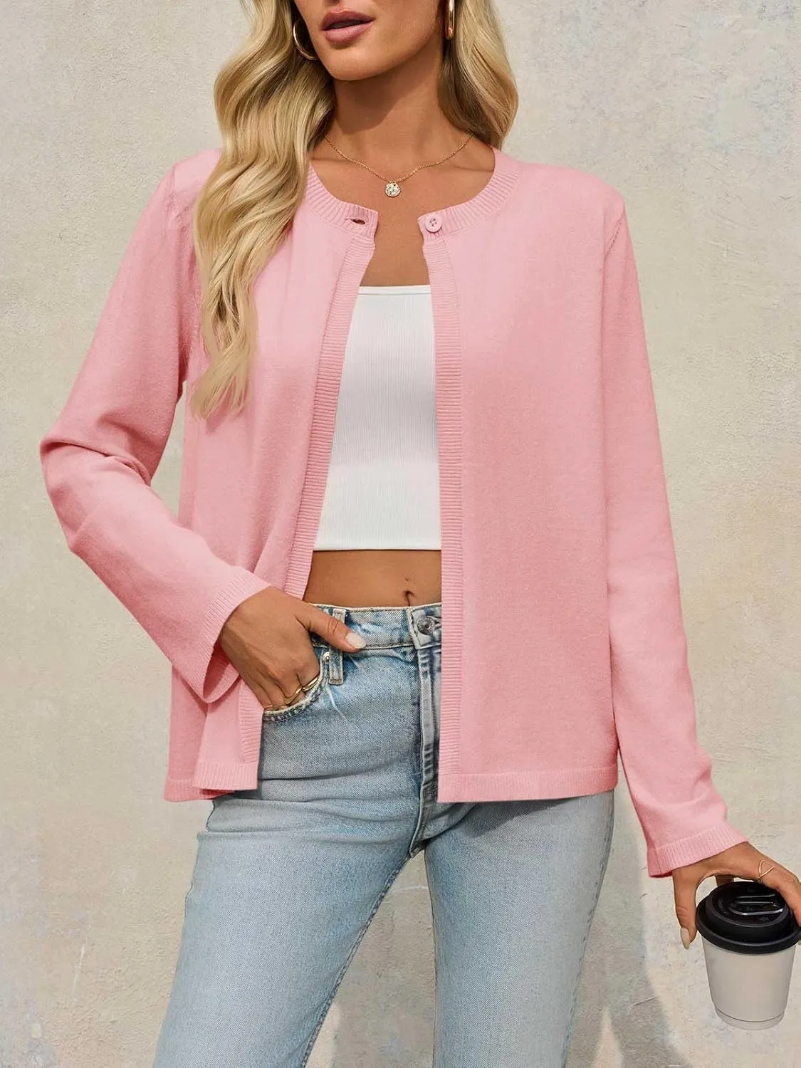 Saodimallsu Womens Lightweight Cardigans Open Front Long Sleeve One Button Casual Crewneck Loose Knit Shrug Sweater