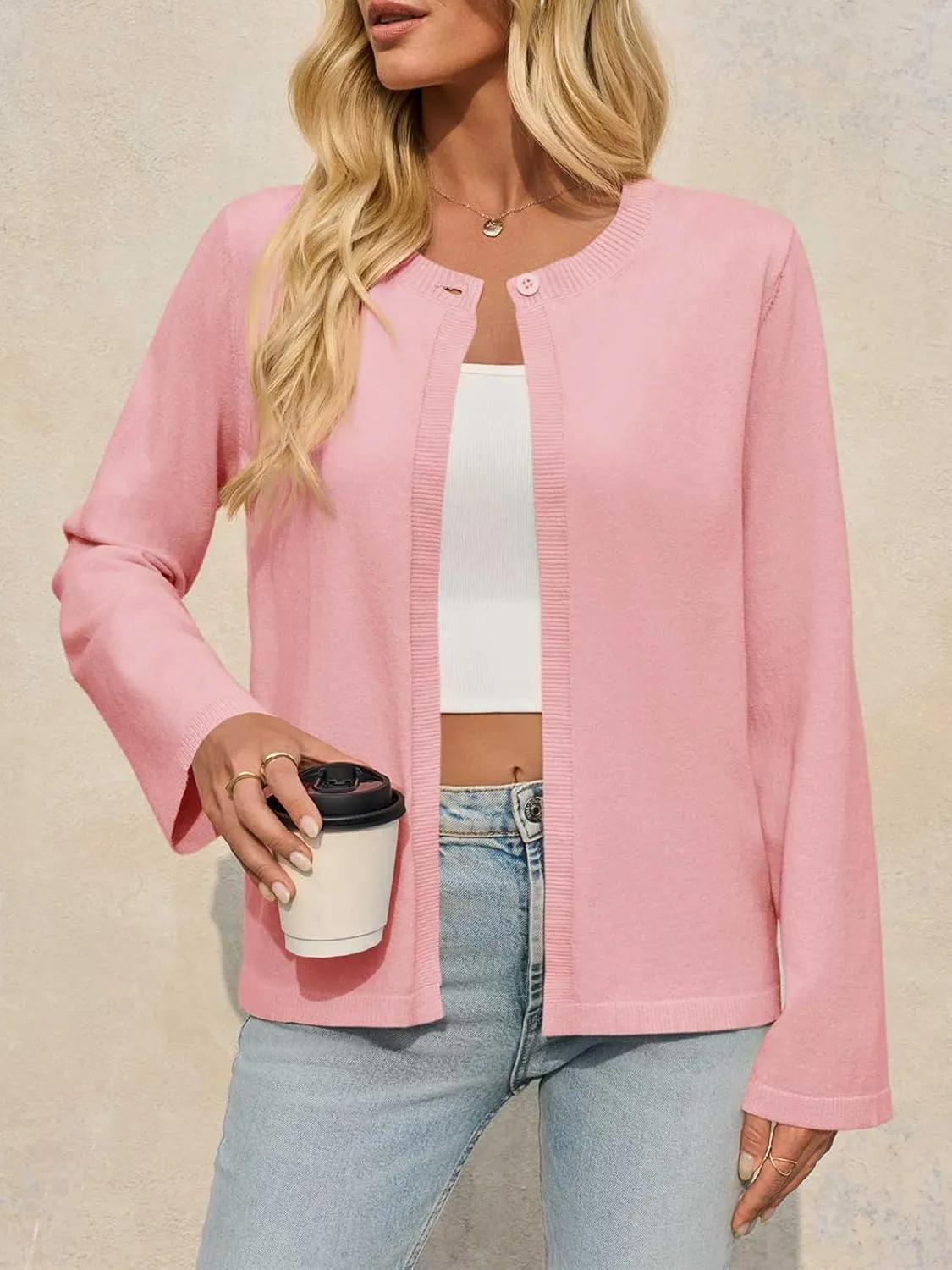 Saodimallsu Womens Lightweight Cardigans Open Front Long Sleeve One Button Casual Crewneck Loose Knit Shrug Sweater