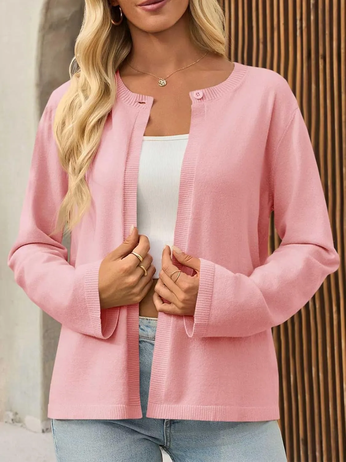 Saodimallsu Womens Lightweight Cardigans Open Front Long Sleeve One Button Casual Crewneck Loose Knit Shrug Sweater