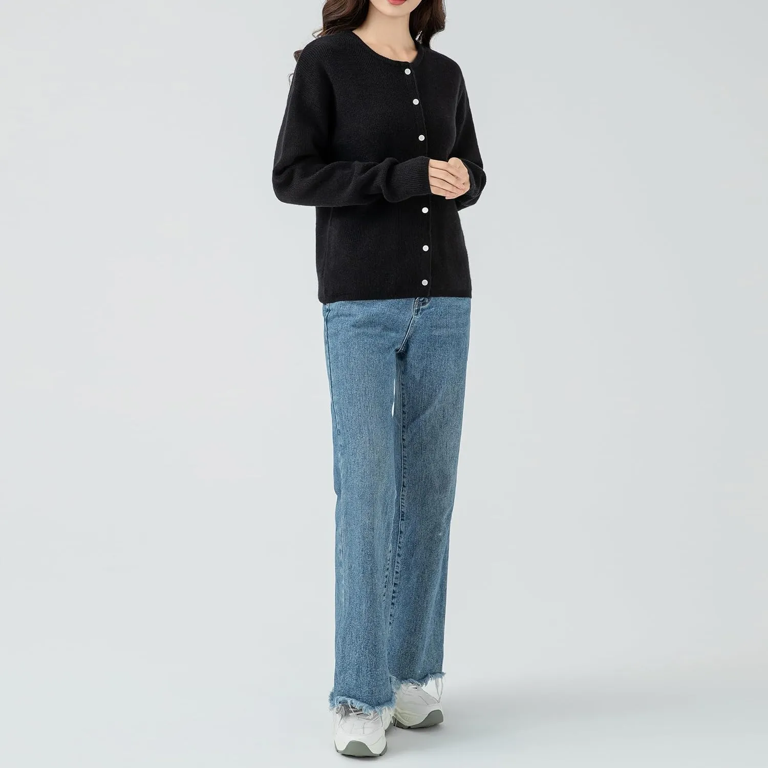 Simple&Opulence Womens Cardigan Button Down Crew Neck Sweater Open Front Long Sleeve Lightweight Knitted Sweaters