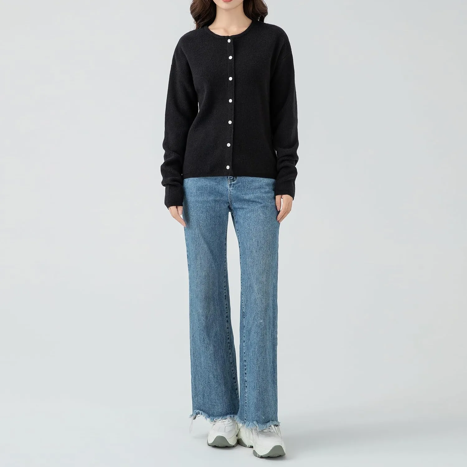 Simple&Opulence Womens Cardigan Button Down Crew Neck Sweater Open Front Long Sleeve Lightweight Knitted Sweaters