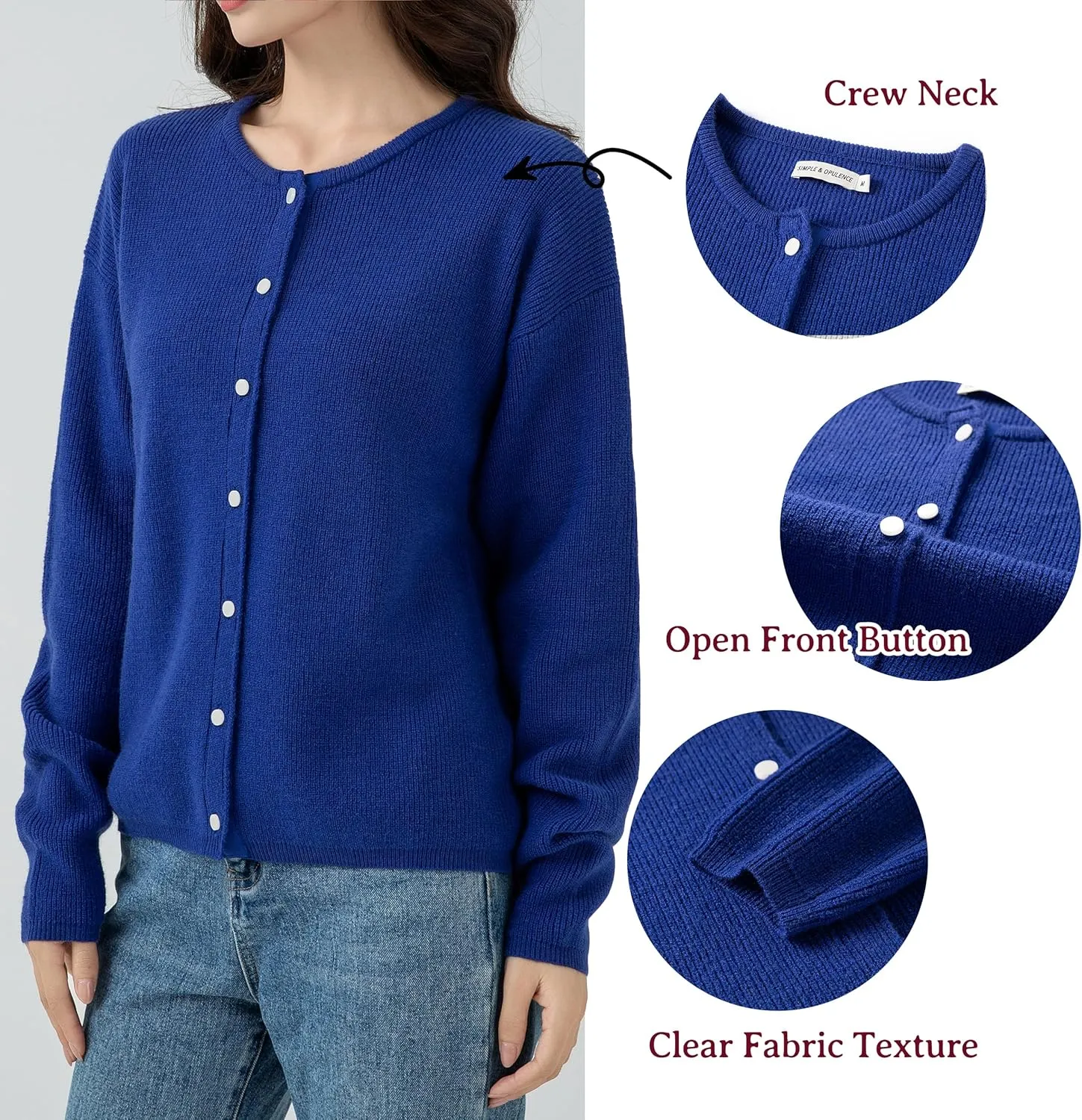 Simple&Opulence Womens Cardigan Button Down Crew Neck Sweater Open Front Long Sleeve Lightweight Knitted Sweaters