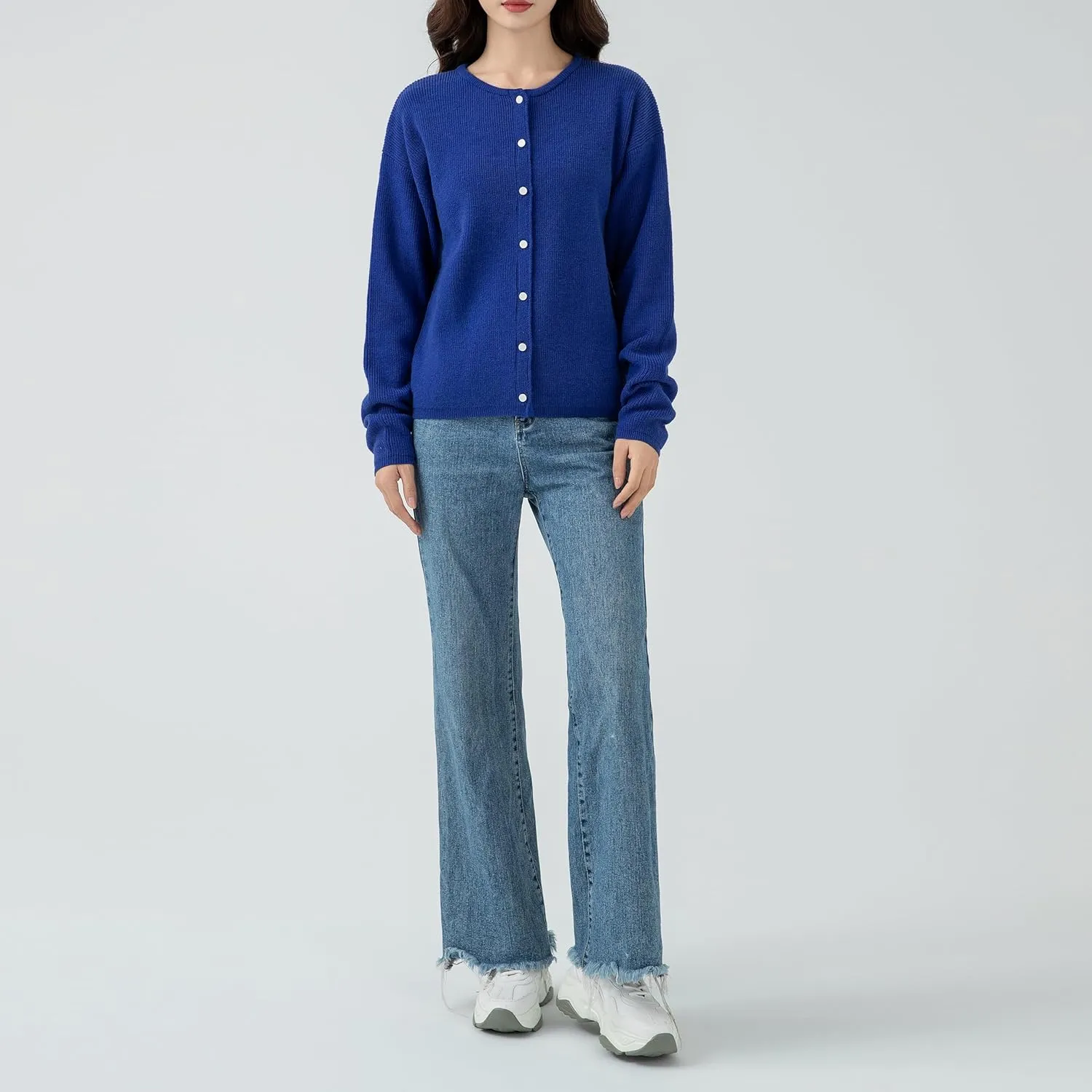Simple&Opulence Womens Cardigan Button Down Crew Neck Sweater Open Front Long Sleeve Lightweight Knitted Sweaters
