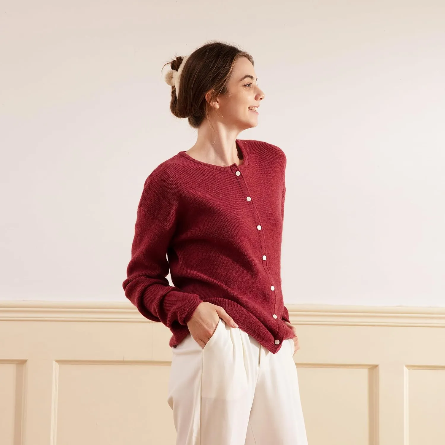 Simple&Opulence Womens Cardigan Button Down Crew Neck Sweater Open Front Long Sleeve Lightweight Knitted Sweaters