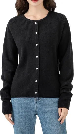Simple&Opulence Womens Cardigan Button Down Crew Neck Sweater Open Front Long Sleeve Lightweight Knitted Sweaters